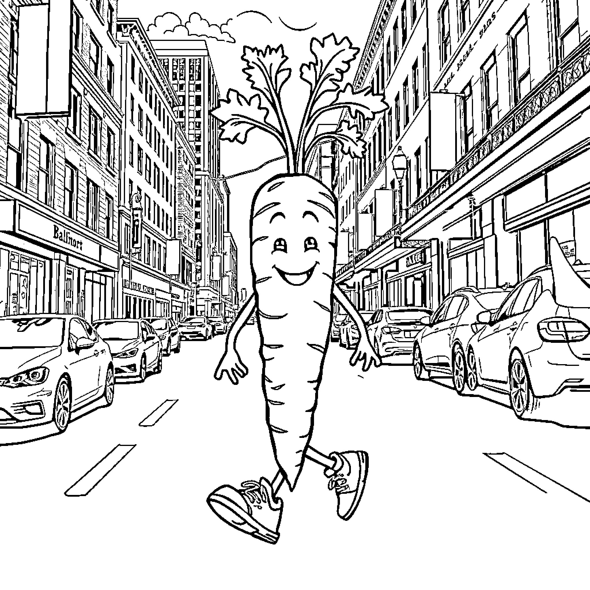 Vegetable Strolling through the City Streets Coloring Page (free black-and-white line drawing printable PDF for all, from beginners to advanced learners, including children, teens, adults, and seniors)