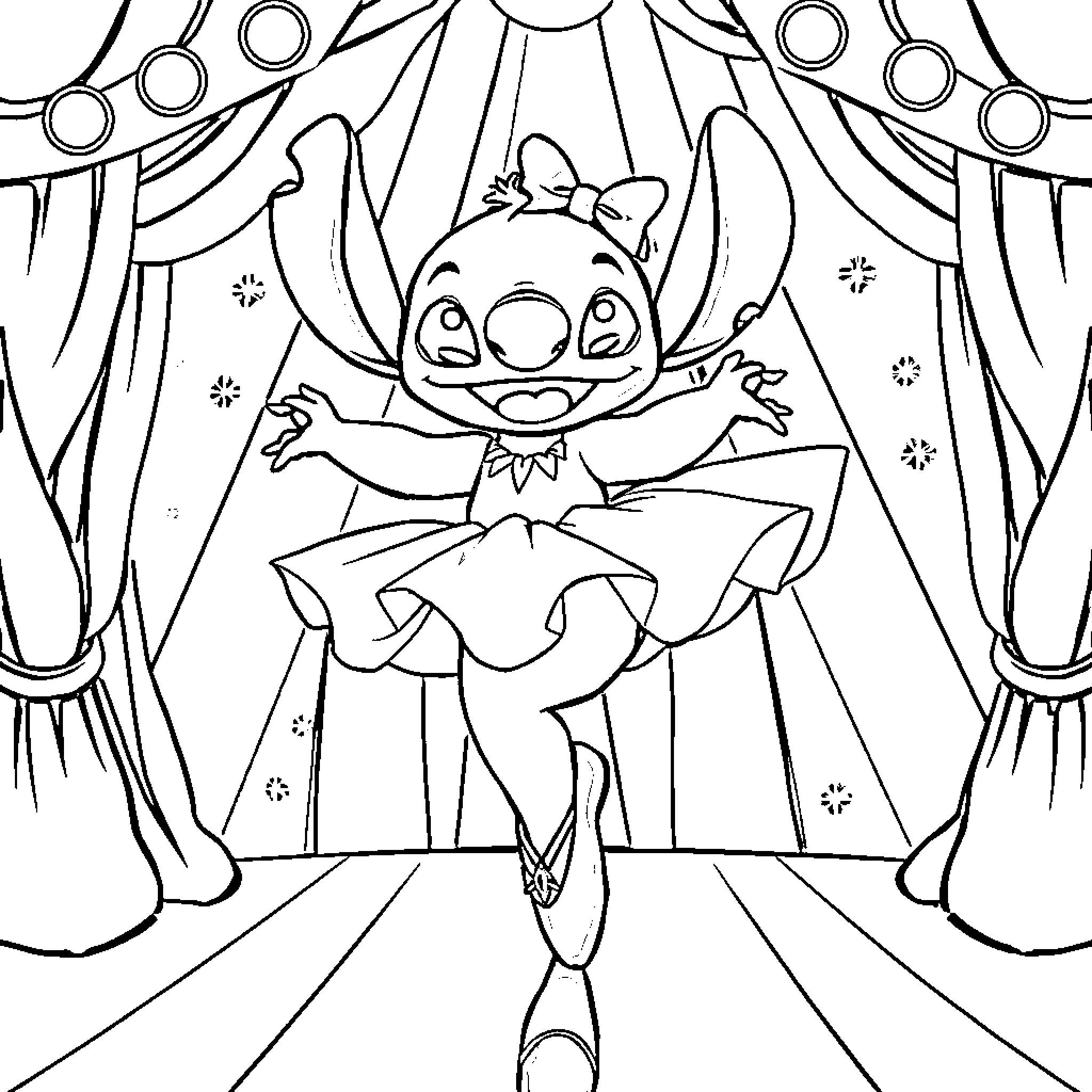 Stitch performing on stage in a ballet outfit Coloring Page (free black-and-white line drawing printable PDF for all, from beginners to advanced learners, including children, teens, adults, and seniors)