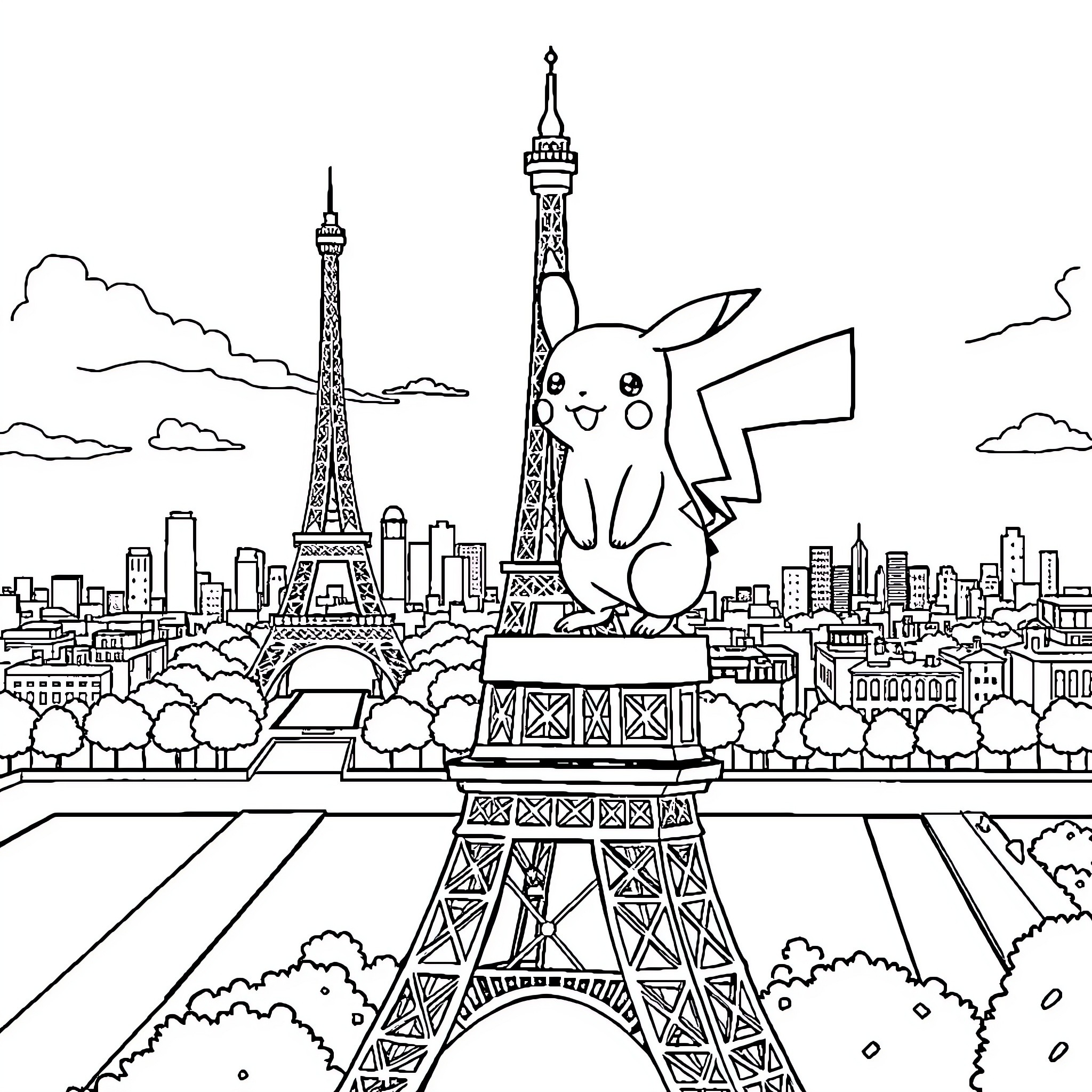 Pikachu exploring the iconic Parisian landscape Coloring Page (free black-and-white line drawing printable PDF for all, from beginners to advanced learners, including children, teens, adults, and seniors)