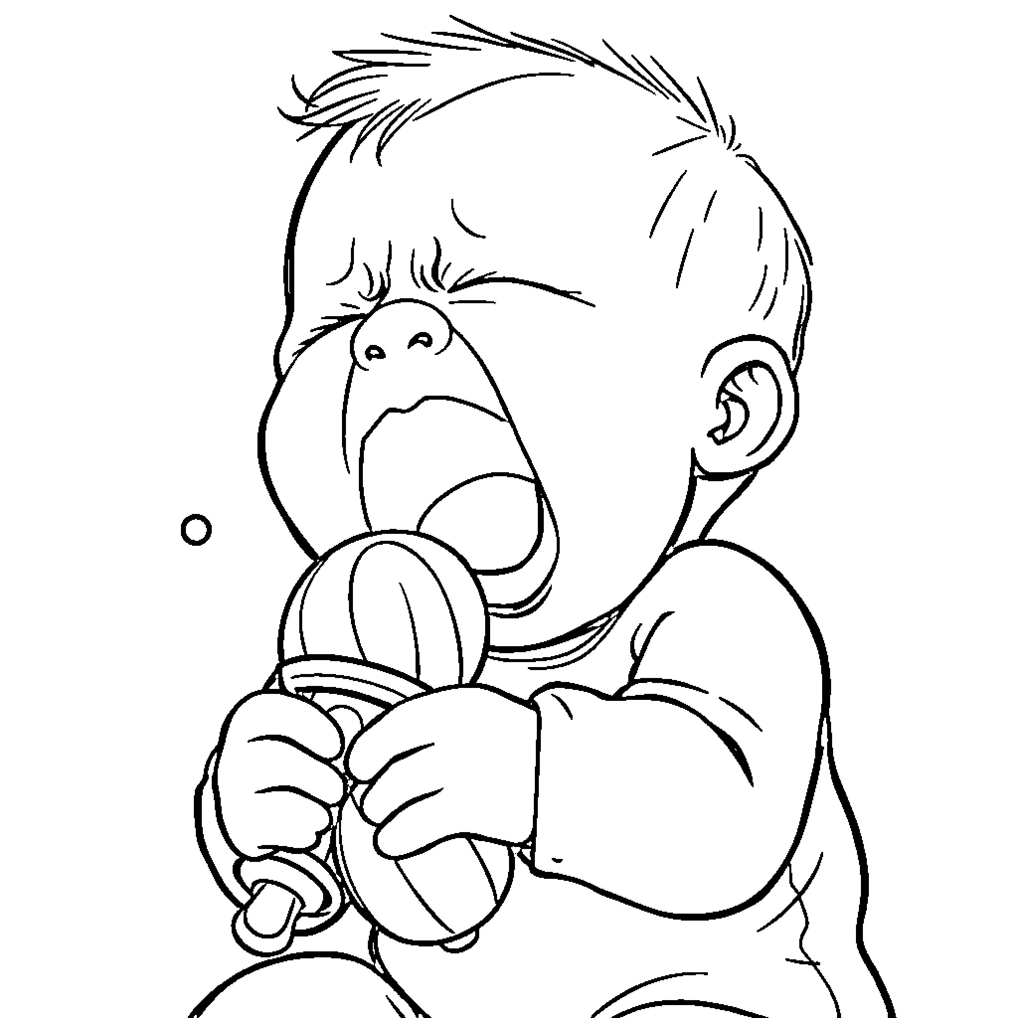 Baby making funny face while holding a toy Coloring Page (free black-and-white line drawing printable PDF for all, from beginners to advanced learners, including children, teens, adults, and seniors)
