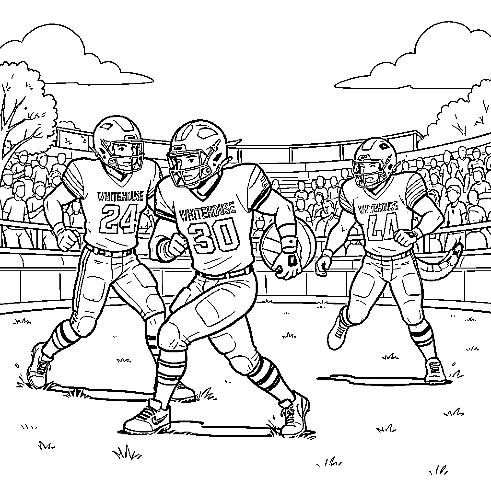 Wildcat football players running on the field Coloring Page (free black-and-white line drawing printable PDF for all, from beginners to advanced learners, including children, teens, adults, and seniors)