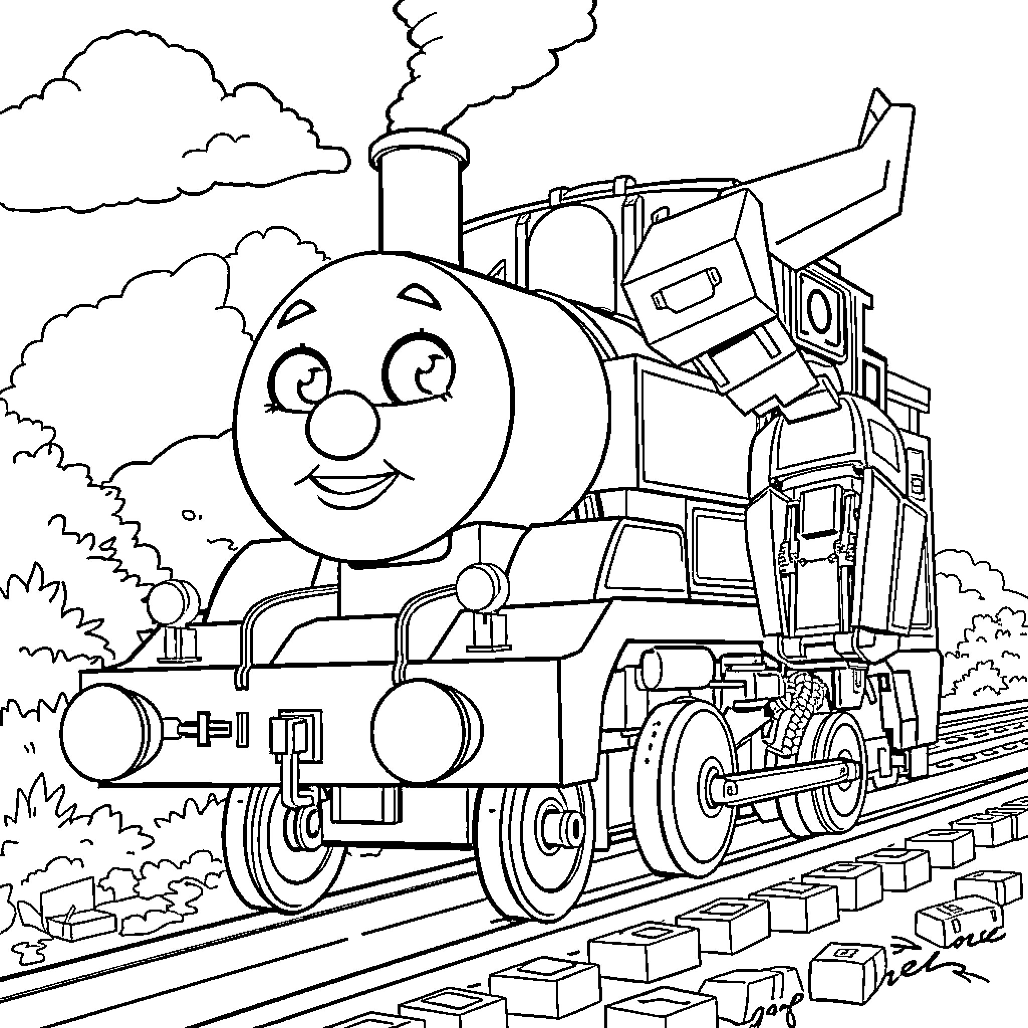 Transformers: Friendly Train Chugging Through Countryside Coloring Page (free black-and-white line drawing printable PDF for all, from beginners to advanced learners, including children, teens, adults, and seniors)