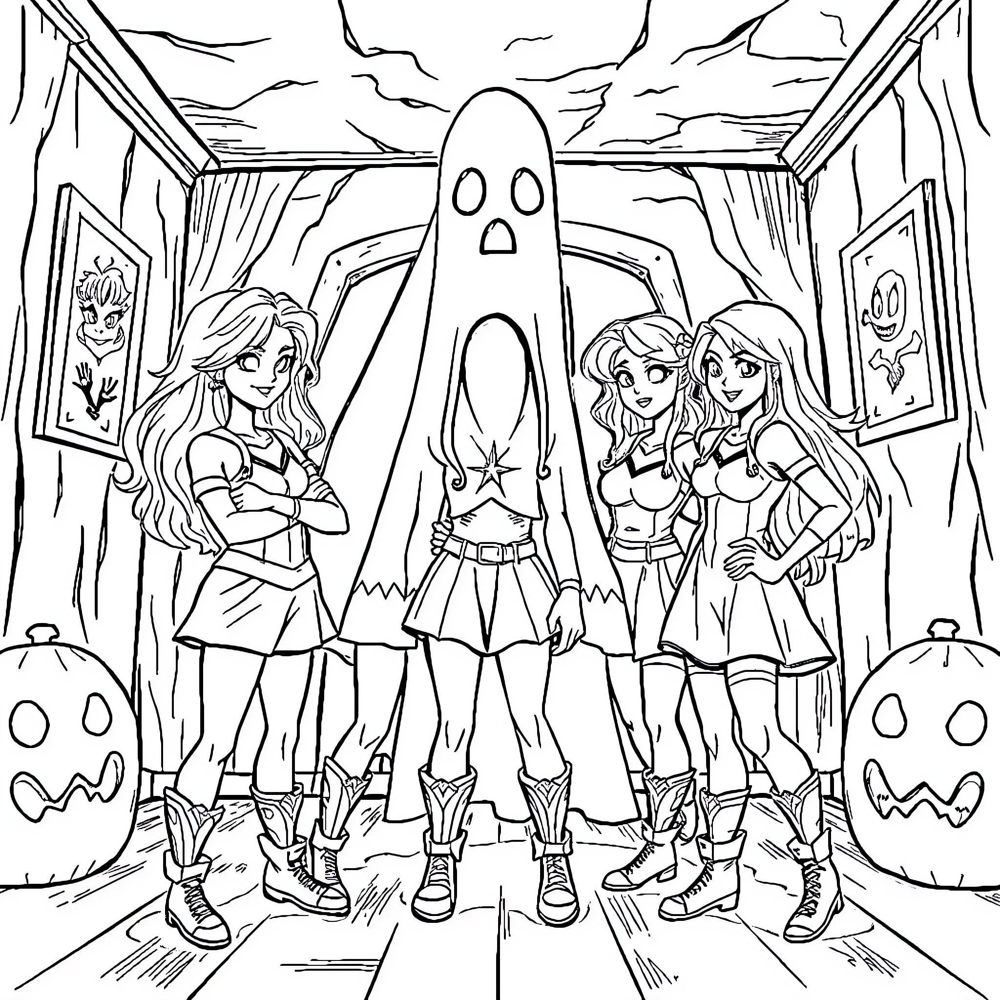 Golden Girls Battle Ghostly Foes in Haunted House Coloring Page (free black-and-white line drawing printable PDF for all, from beginners to advanced learners, including children, teens, adults, and seniors)
