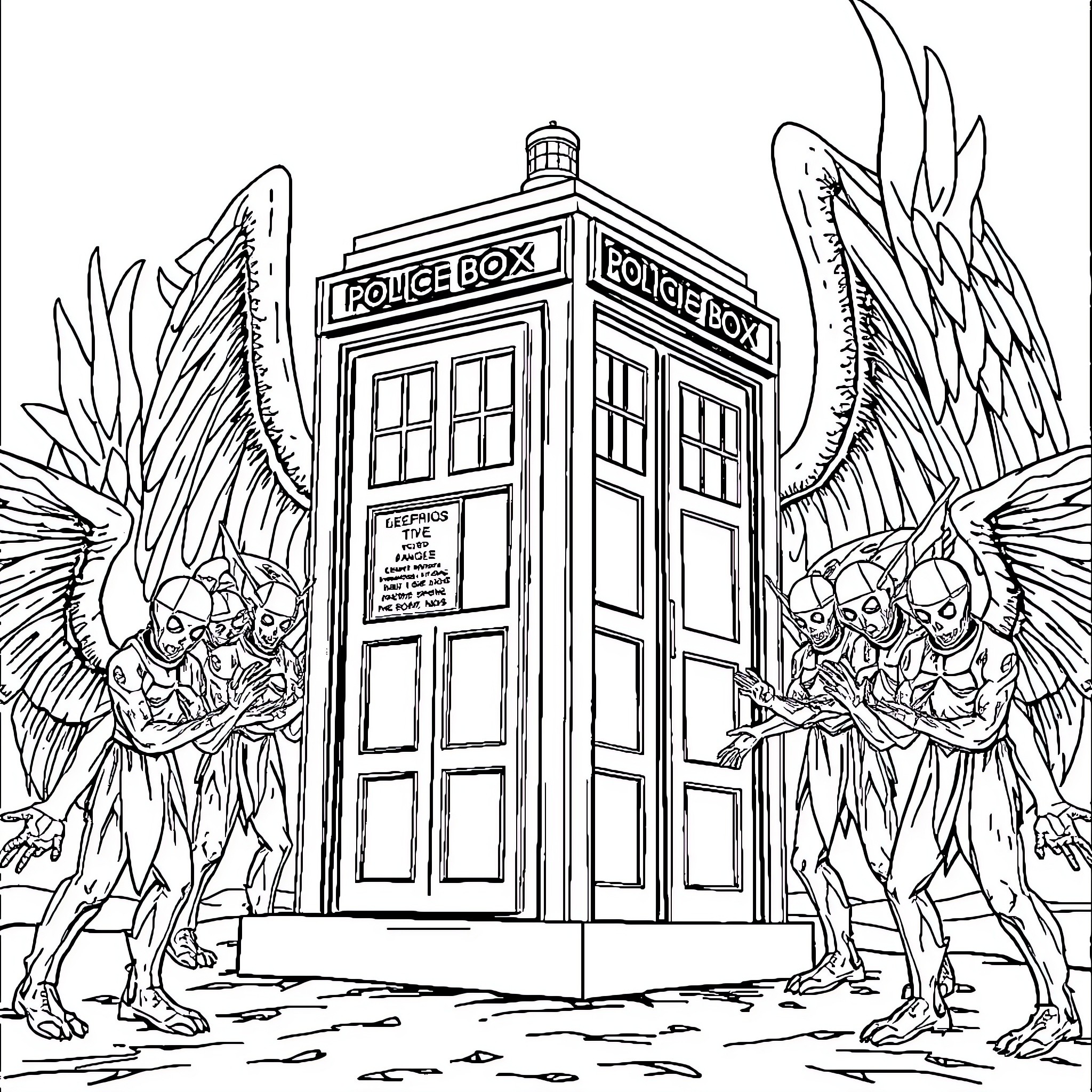 TARDIS surrounded by winged creatures in flight Coloring Page (free black-and-white line drawing printable PDF for all, from beginners to advanced learners, including children, teens, adults, and seniors)