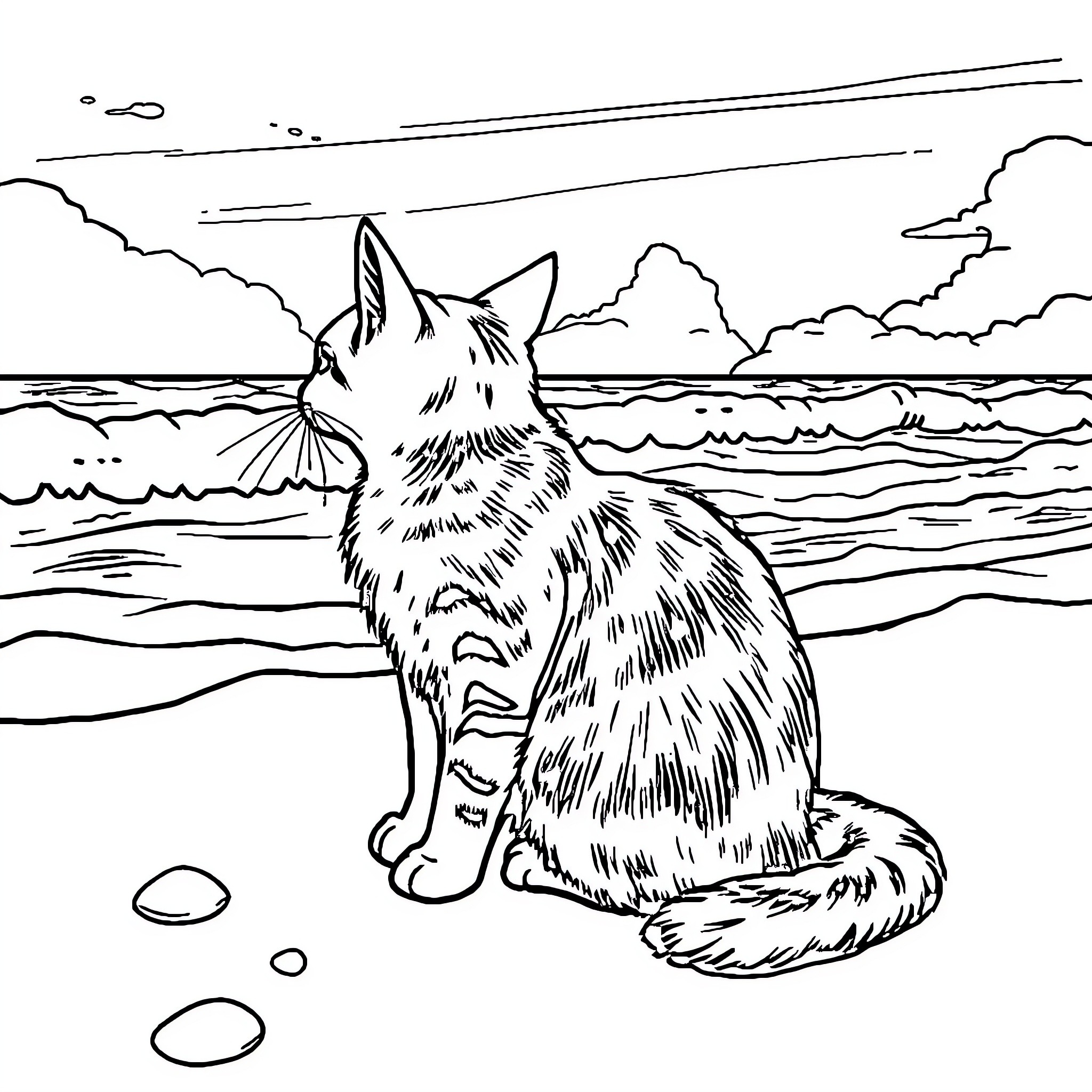 Cat gazing at the ocean waves Coloring Page (free black-and-white line drawing printable PDF for all, from beginners to advanced learners, including children, teens, adults, and seniors)
