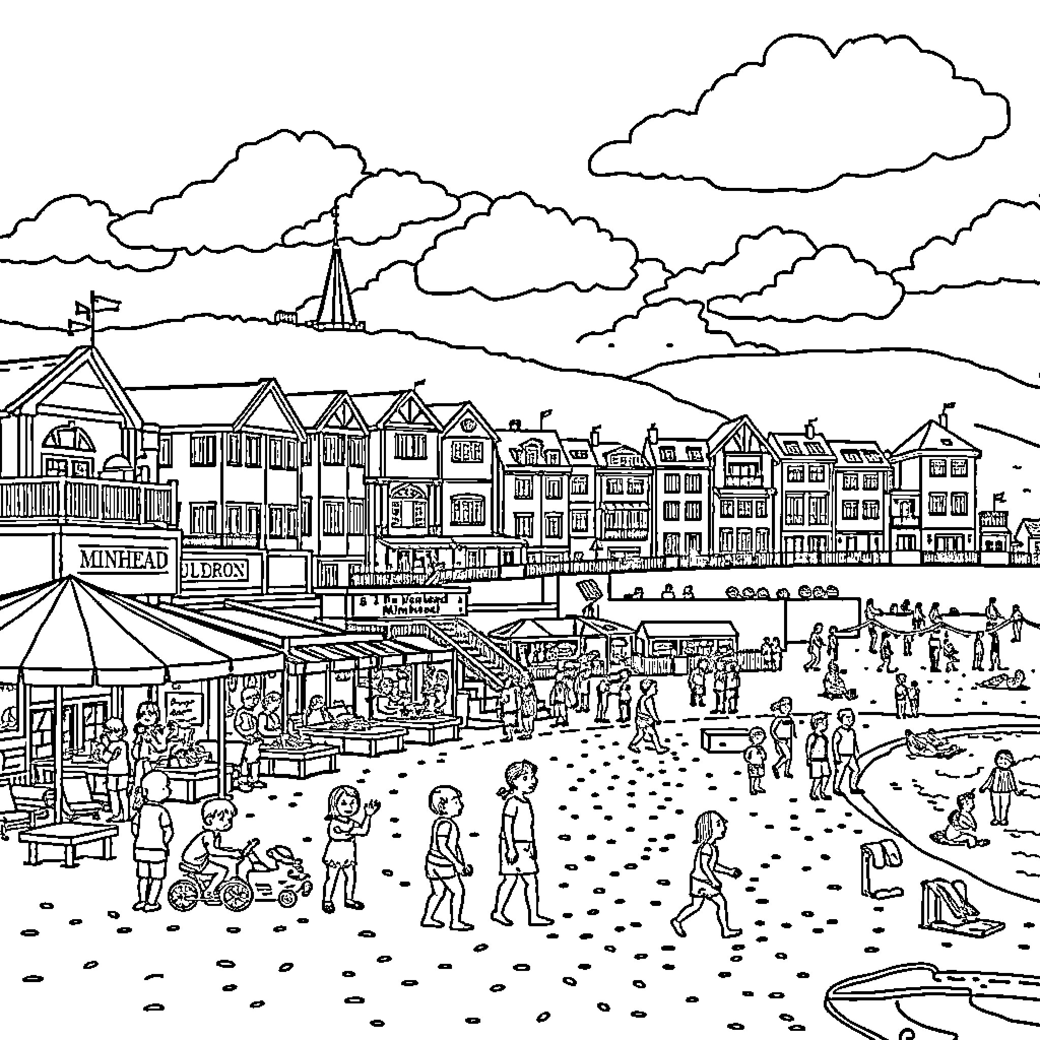 Butlins holiday resort with bustling beach scene Coloring Page (free black-and-white line drawing printable PDF for all, from beginners to advanced learners, including children, teens, adults, and seniors)