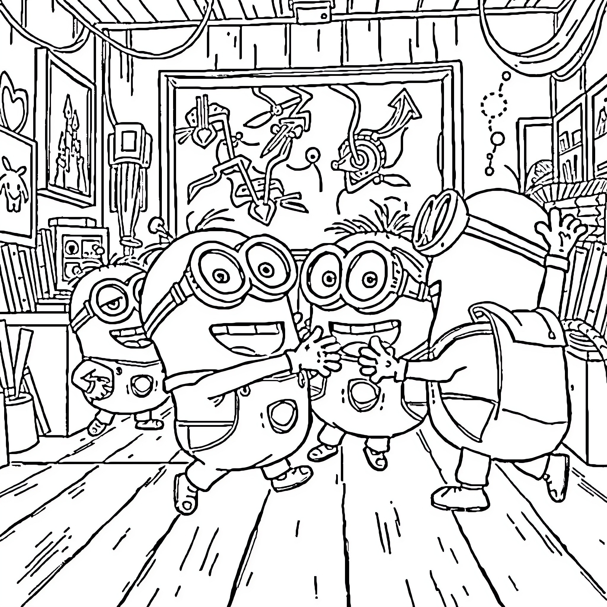 Minions Causing Mayhem in a Chaotic Scene Coloring Page (free black-and-white line drawing printable PDF for all, from beginners to advanced learners, including children, teens, adults, and seniors)