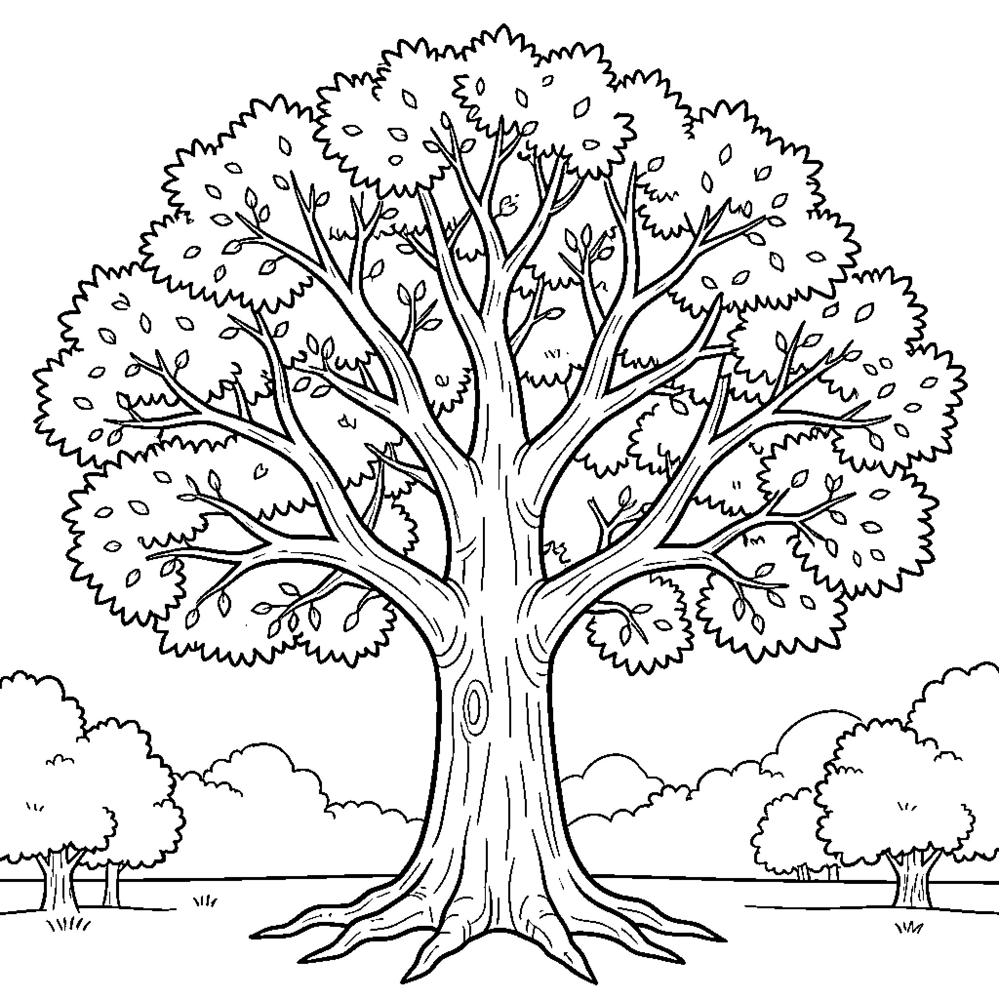 Levensboom: Intricate tree in nature Coloring Page (free black-and-white line drawing printable PDF for all, from beginners to advanced learners, including children, teens, adults, and seniors)