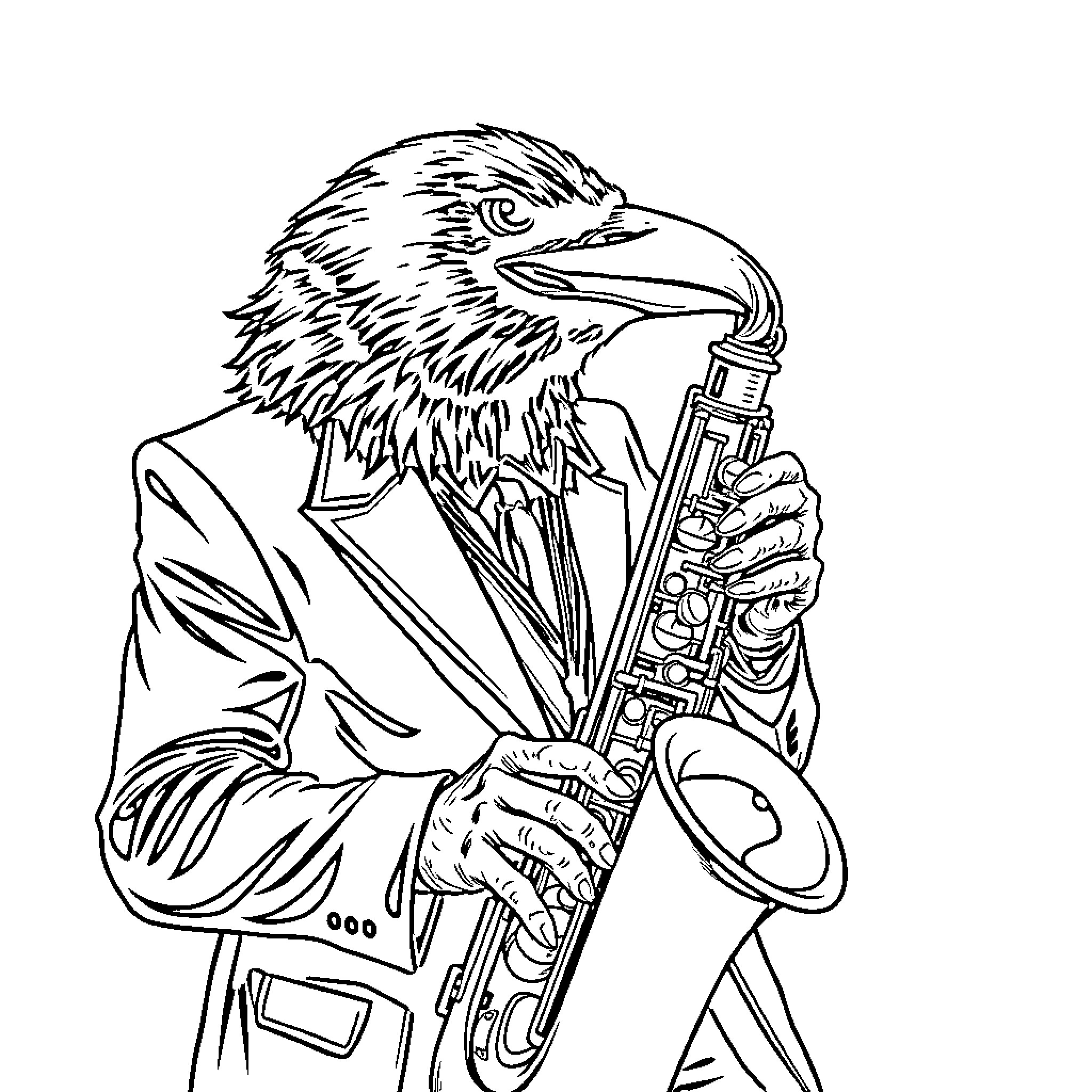Raven musician playing saxophone in suit Coloring Page (free black-and-white line drawing printable PDF for all, from beginners to advanced learners, including children, teens, adults, and seniors)