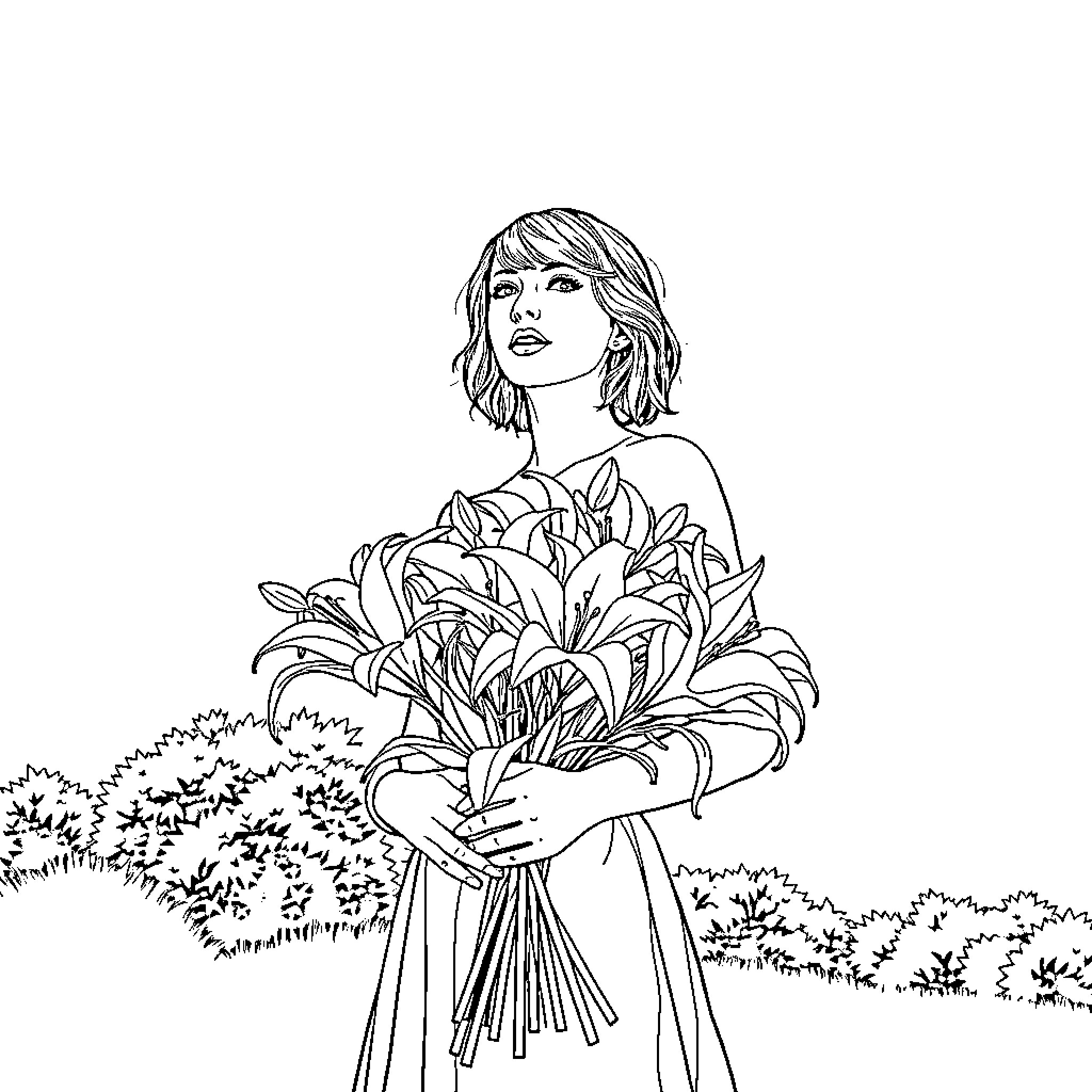 Taylor Swift holding a bouquet of flowers Coloring Page (free black-and-white line drawing printable PDF for all, from beginners to advanced learners, including children, teens, adults, and seniors)