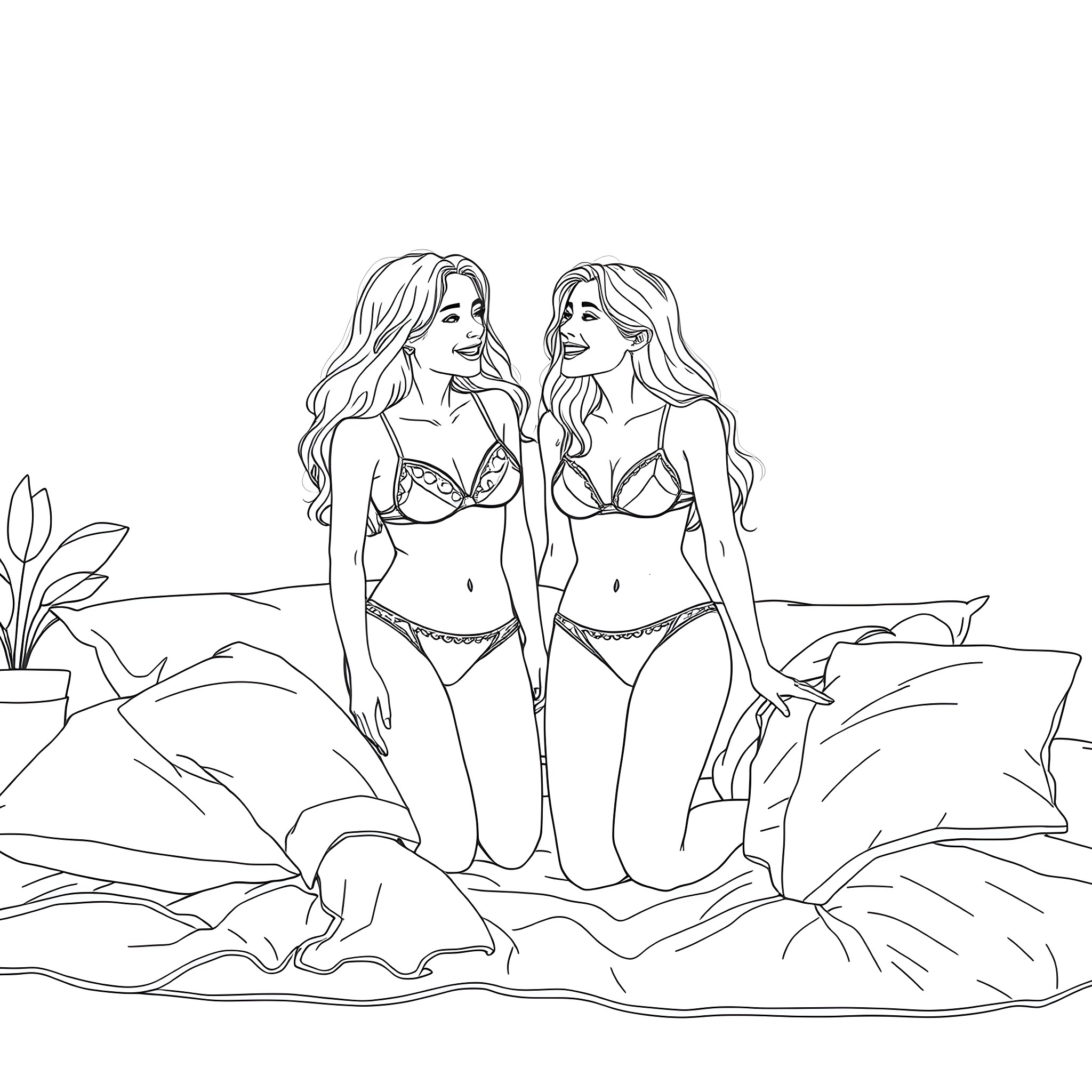 Teen friends posing in swimwear on beach Coloring Page (free black-and-white line drawing printable PDF for all, from beginners to advanced learners, including children, teens, adults, and seniors)
