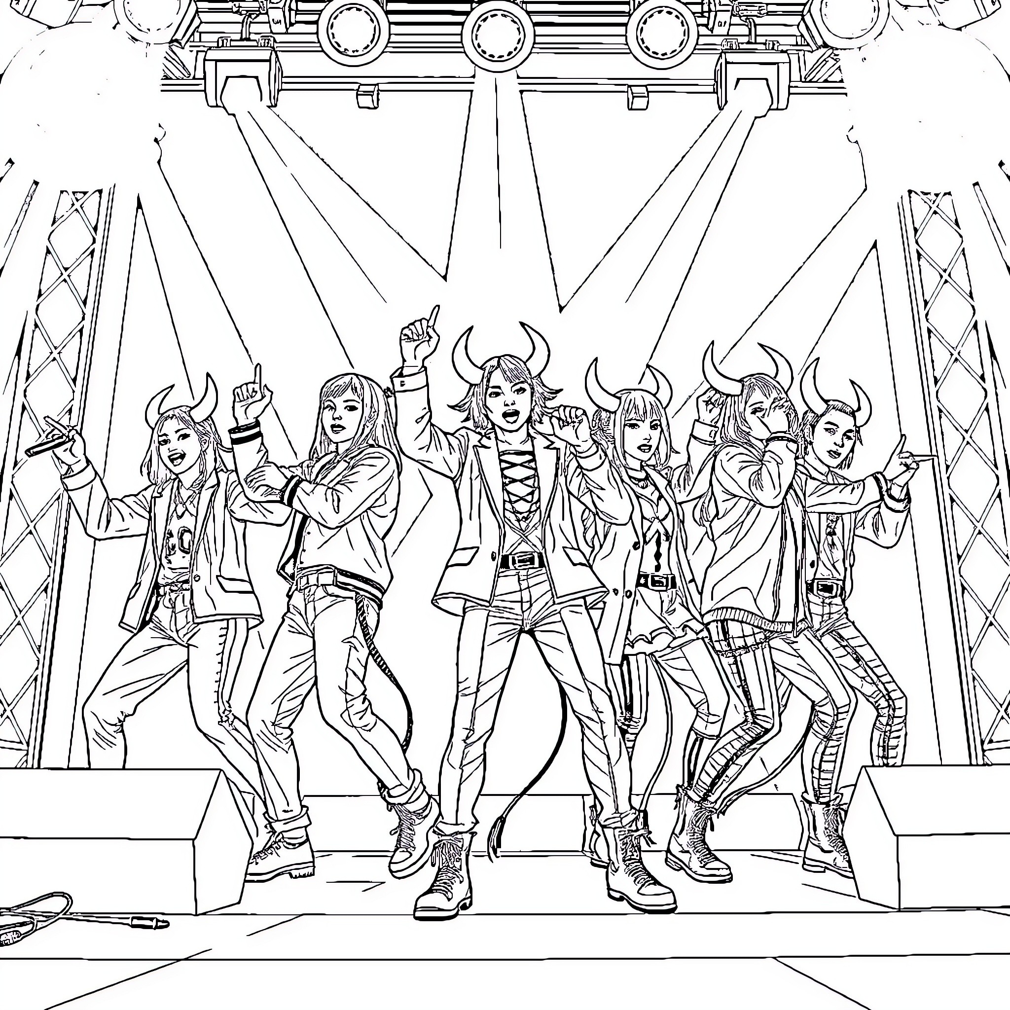Demon Hunter Troupe Performing on Stage Coloring Page (free black-and-white line drawing printable PDF for all, from beginners to advanced learners, including children, teens, adults, and seniors)