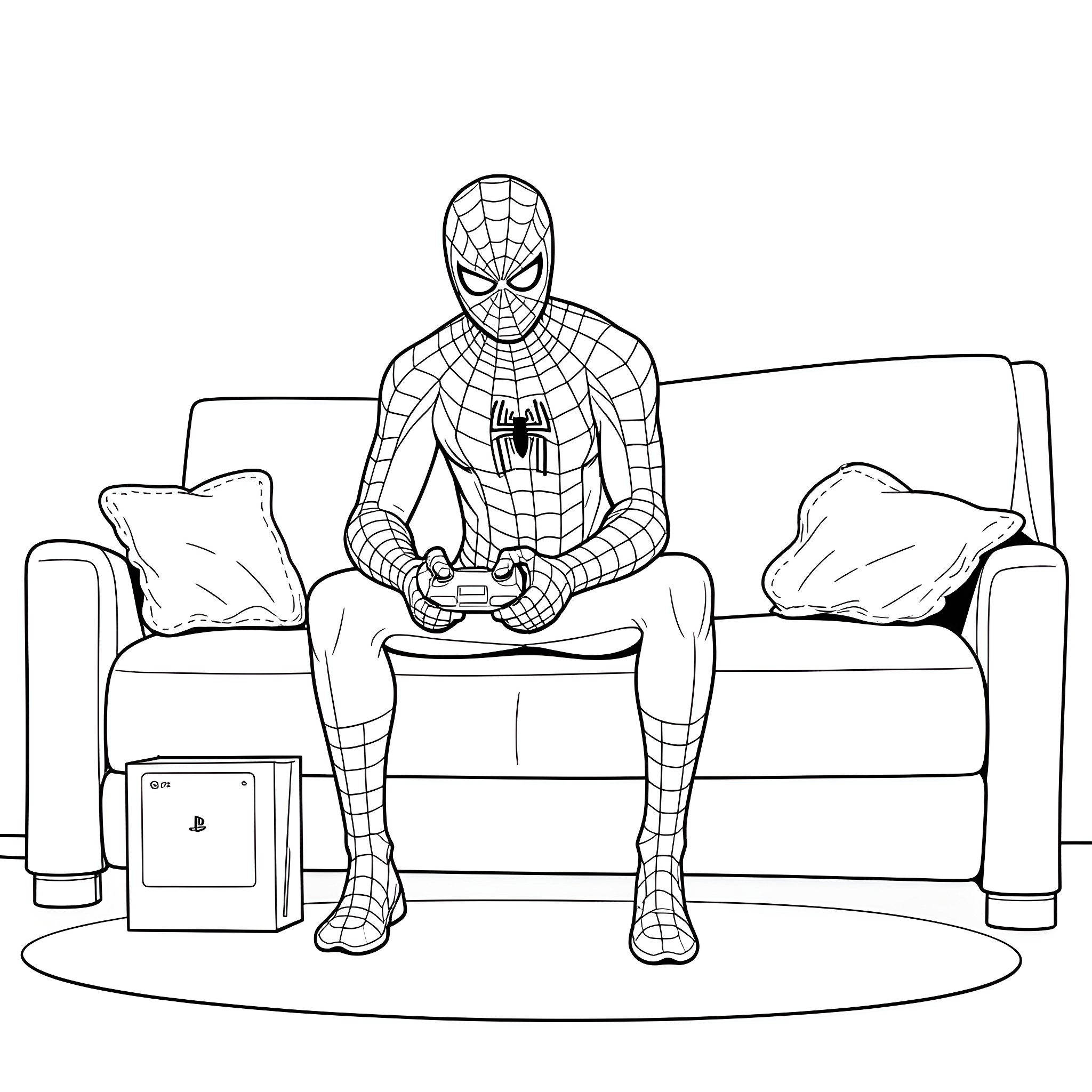 Spiderman enjoying video game in living room Coloring Page (free black-and-white line drawing printable PDF for all, from beginners to advanced learners, including children, teens, adults, and seniors)