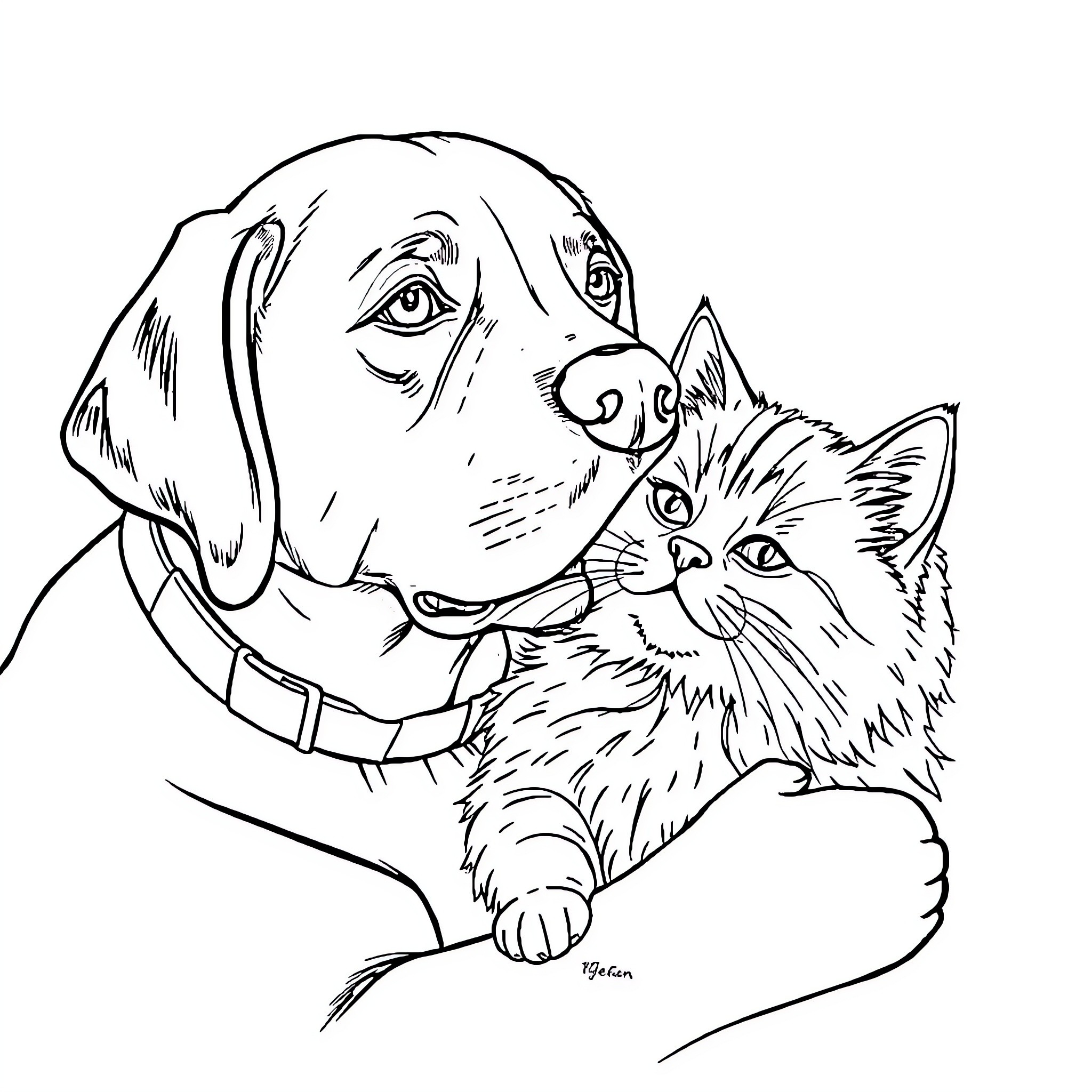 Dog and Cat Cuddling Affectionately Coloring Page (free black-and-white line drawing printable PDF for all, from beginners to advanced learners, including children, teens, adults, and seniors)