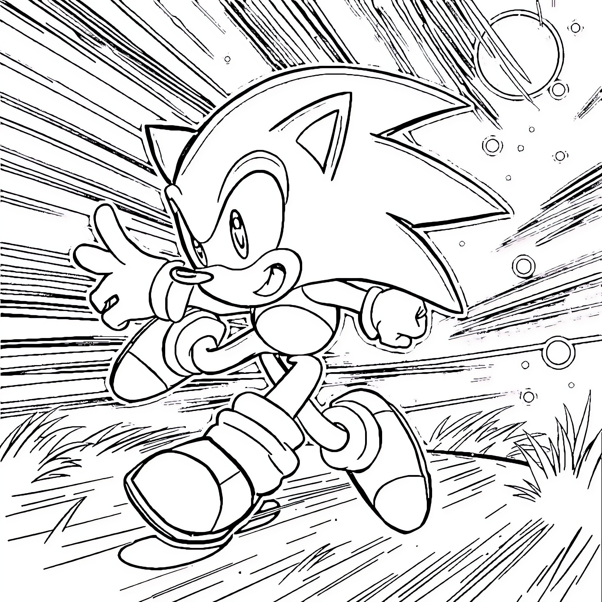 Sonic speeding through the environment Coloring Page (free black-and-white line drawing printable PDF for all, from beginners to advanced learners, including children, teens, adults, and seniors)