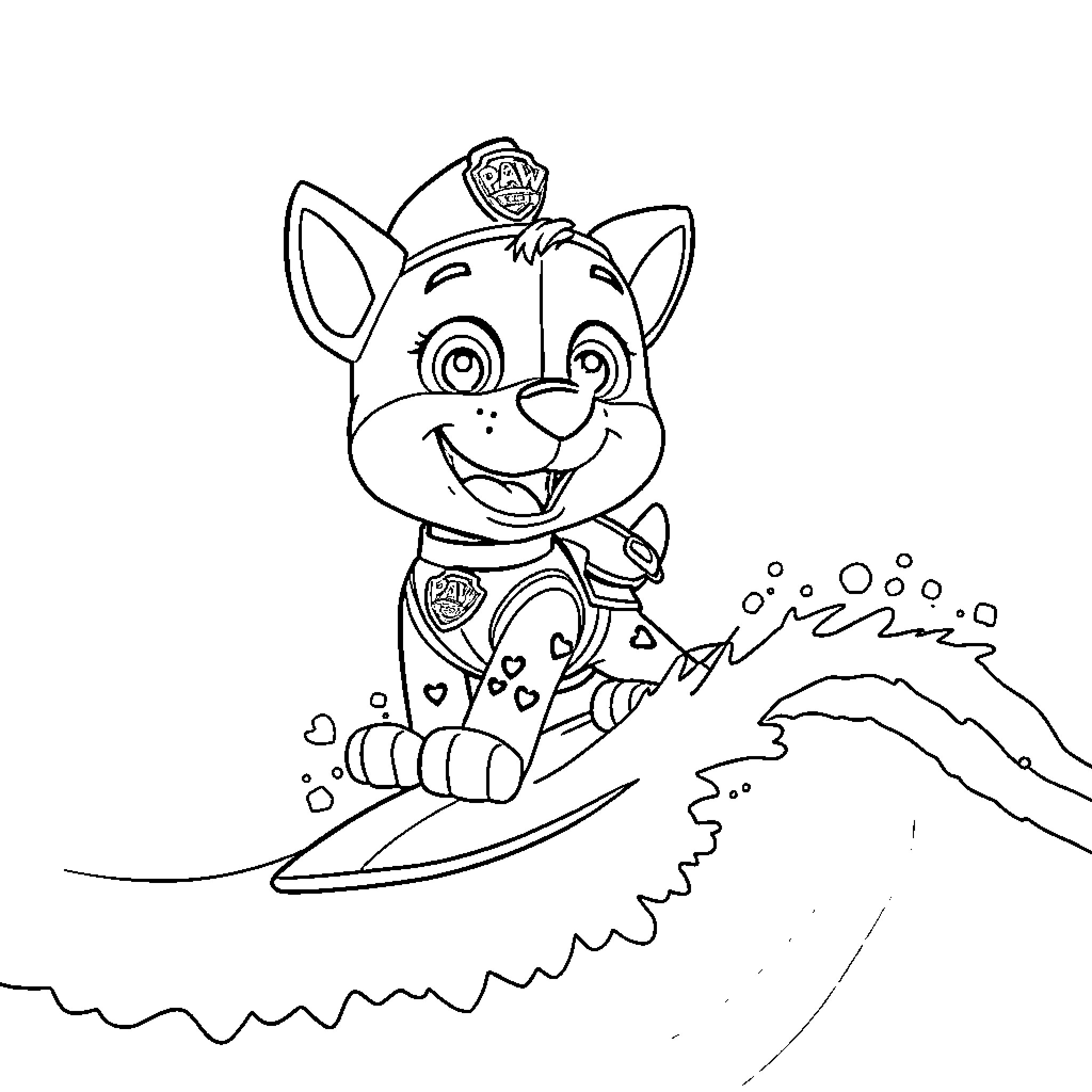 Dog surfing excitedly on the waves Coloring Page (free black-and-white line drawing printable PDF for all, from beginners to advanced learners, including children, teens, adults, and seniors)