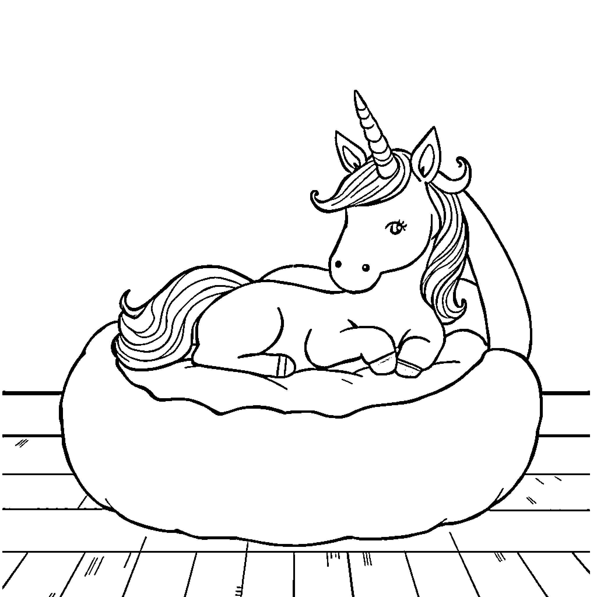 Unicorn resting peacefully on a fluffy cloud Coloring Page (free black-and-white line drawing printable PDF for all, from beginners to advanced learners, including children, teens, adults, and seniors)
