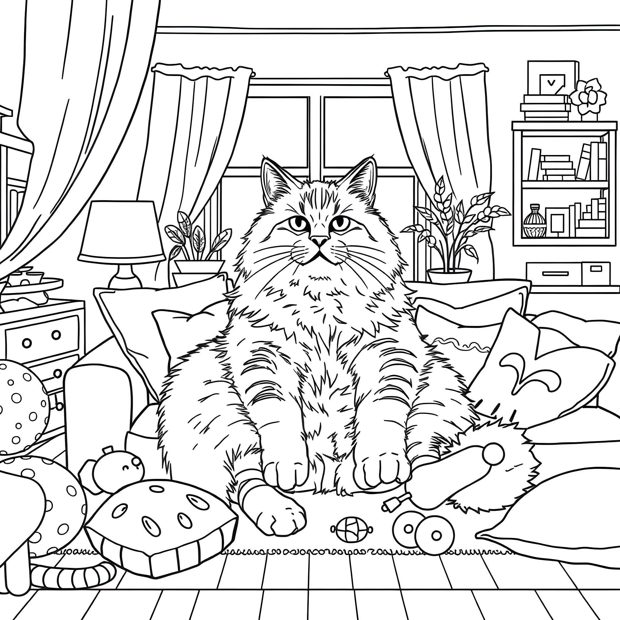 Cat relaxing comfortably in a cozy living room Coloring Page (free black-and-white line drawing printable PDF for all, from beginners to advanced learners, including children, teens, adults, and seniors)