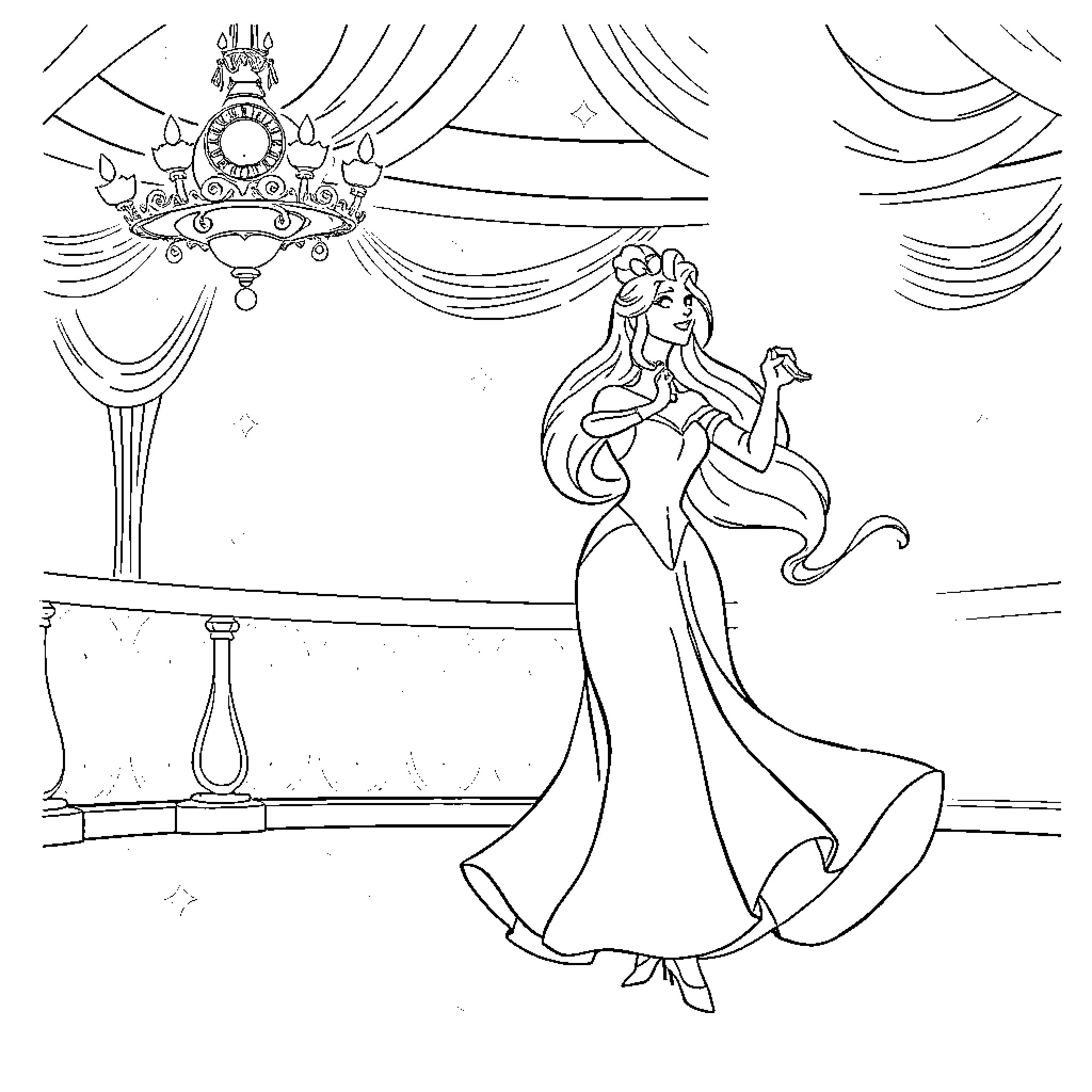 Disney Princess performing on stage in elegant dress Coloring Page (free black-and-white line drawing printable PDF for all, from beginners to advanced learners, including children, teens, adults, and seniors)