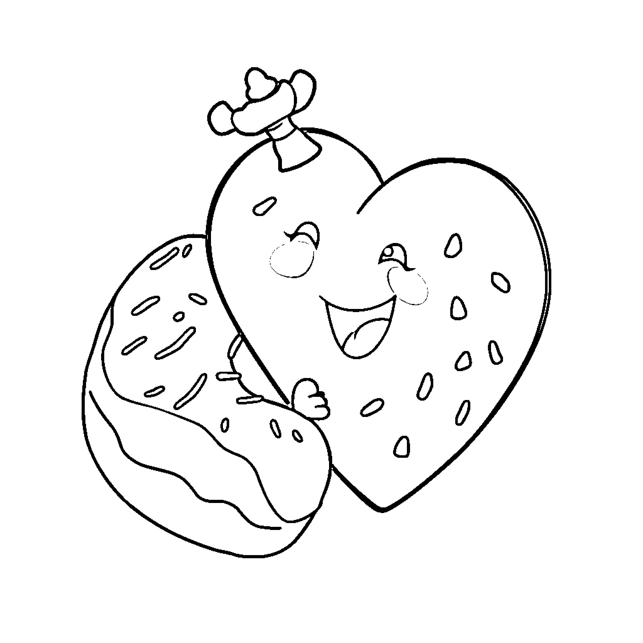 Heart-shaped Sweets in Cheerful Embrace Coloring Page (free black-and-white line drawing printable PDF for all, from beginners to advanced learners, including children, teens, adults, and seniors)