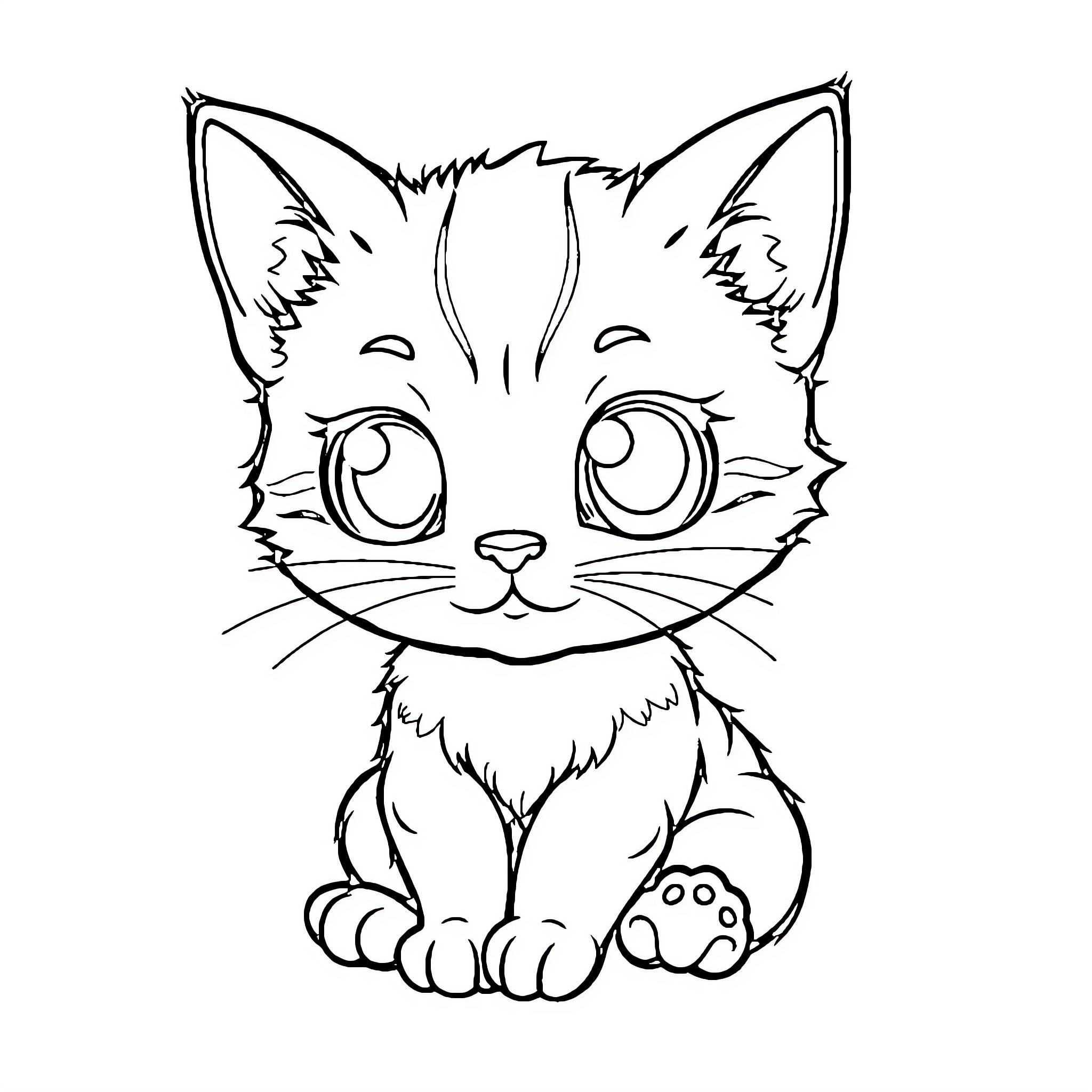 Chibi Cat with Cute Expression Coloring Page (free black-and-white line drawing printable PDF for all, from beginners to advanced learners, including children, teens, adults, and seniors)