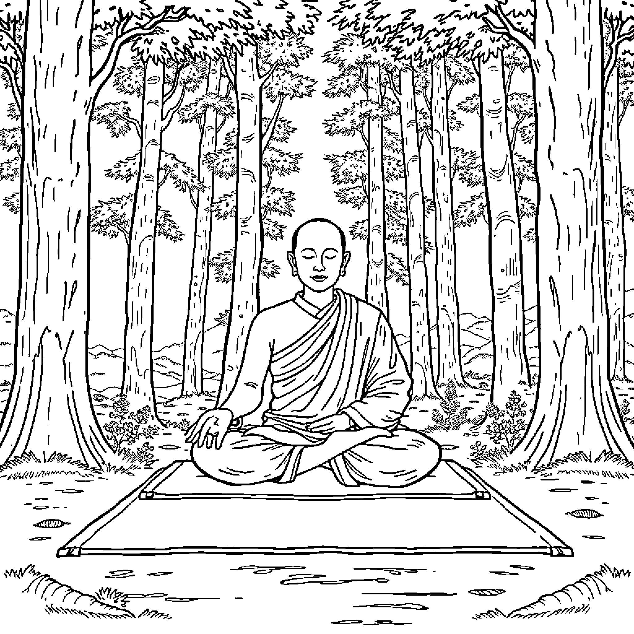 Monk meditating peacefully in the forest Coloring Page (free black-and-white line drawing printable PDF for all, from beginners to advanced learners, including children, teens, adults, and seniors)
