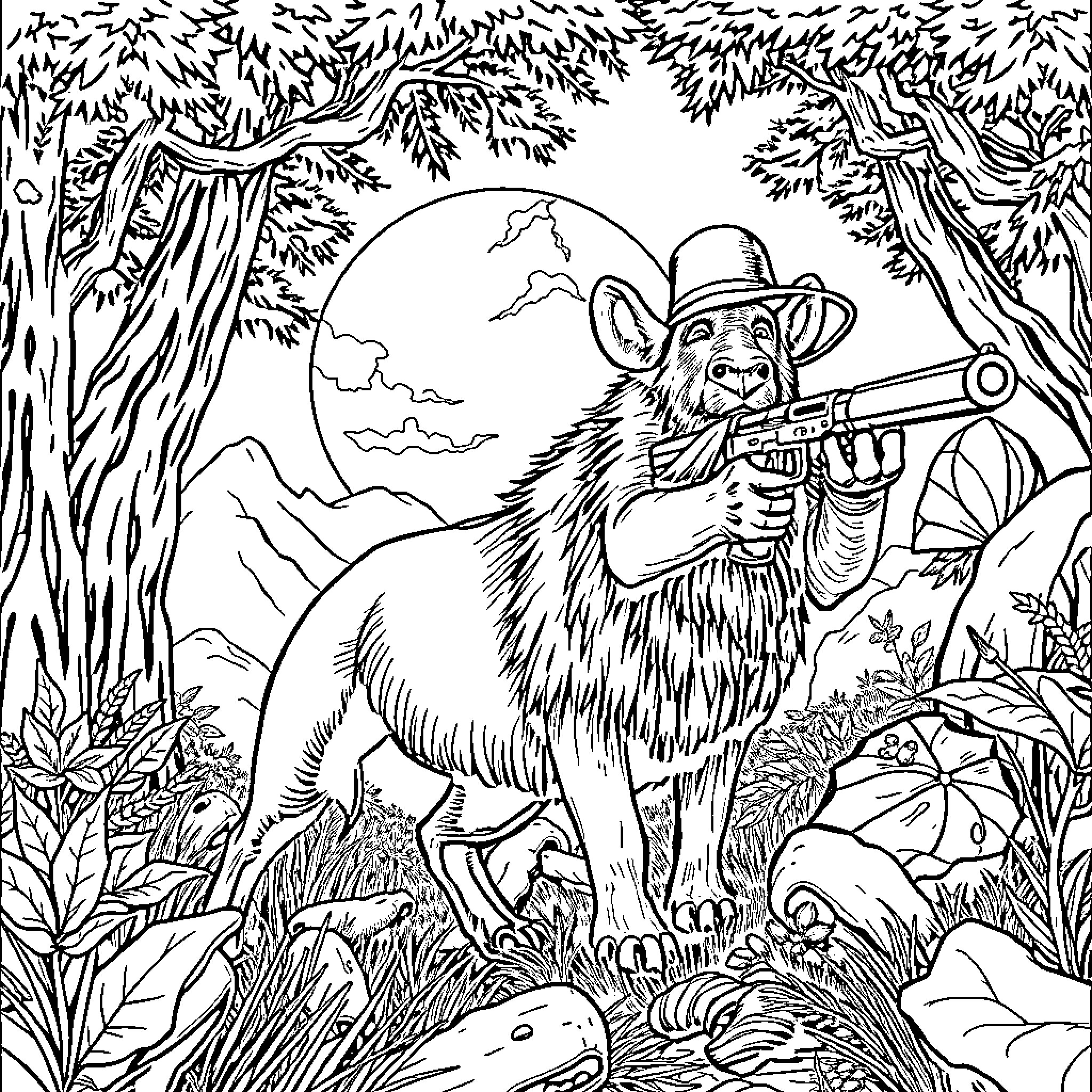 Huntrix Hunting in the Wilderness Coloring Page (free black-and-white line drawing printable PDF for all, from beginners to advanced learners, including children, teens, adults, and seniors)