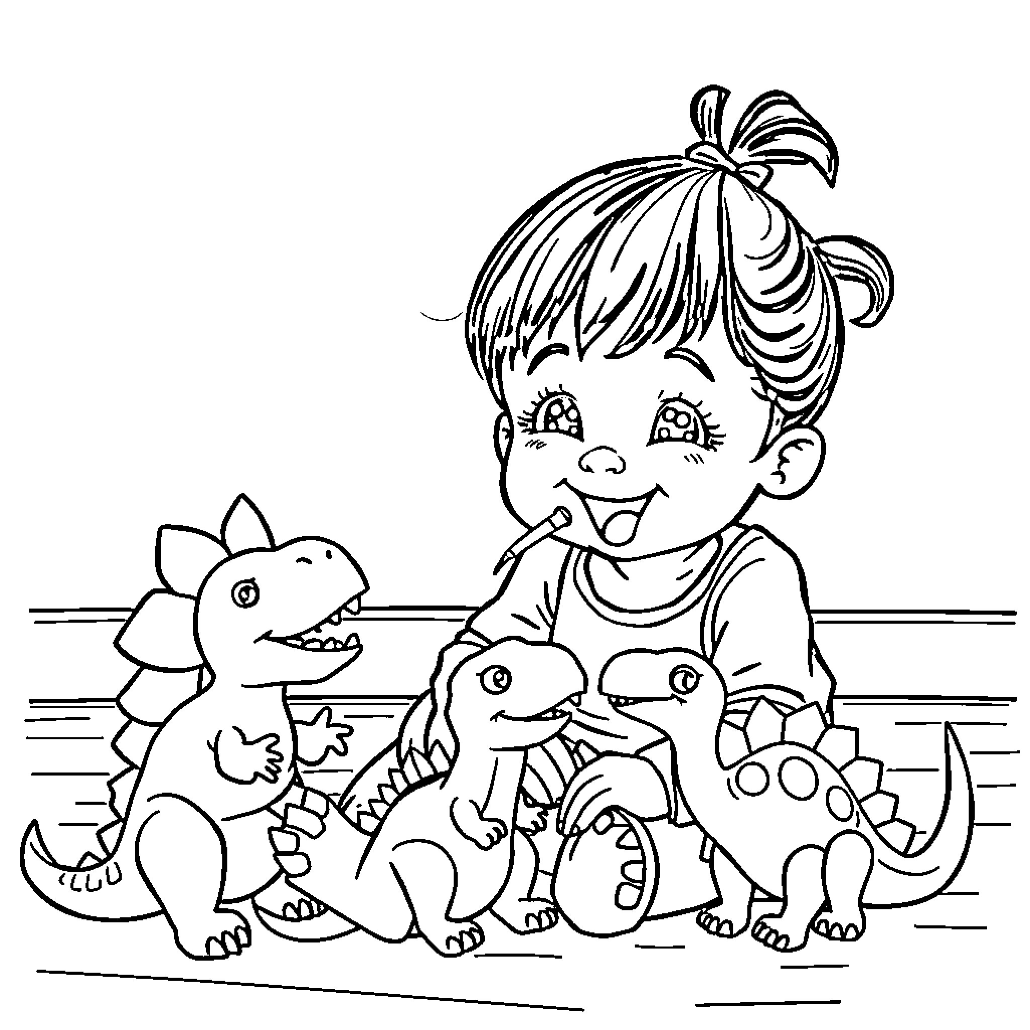 Girl playing happily with toy dinosaurs Coloring Page (free black-and-white line drawing printable PDF for all, from beginners to advanced learners, including children, teens, adults, and seniors)