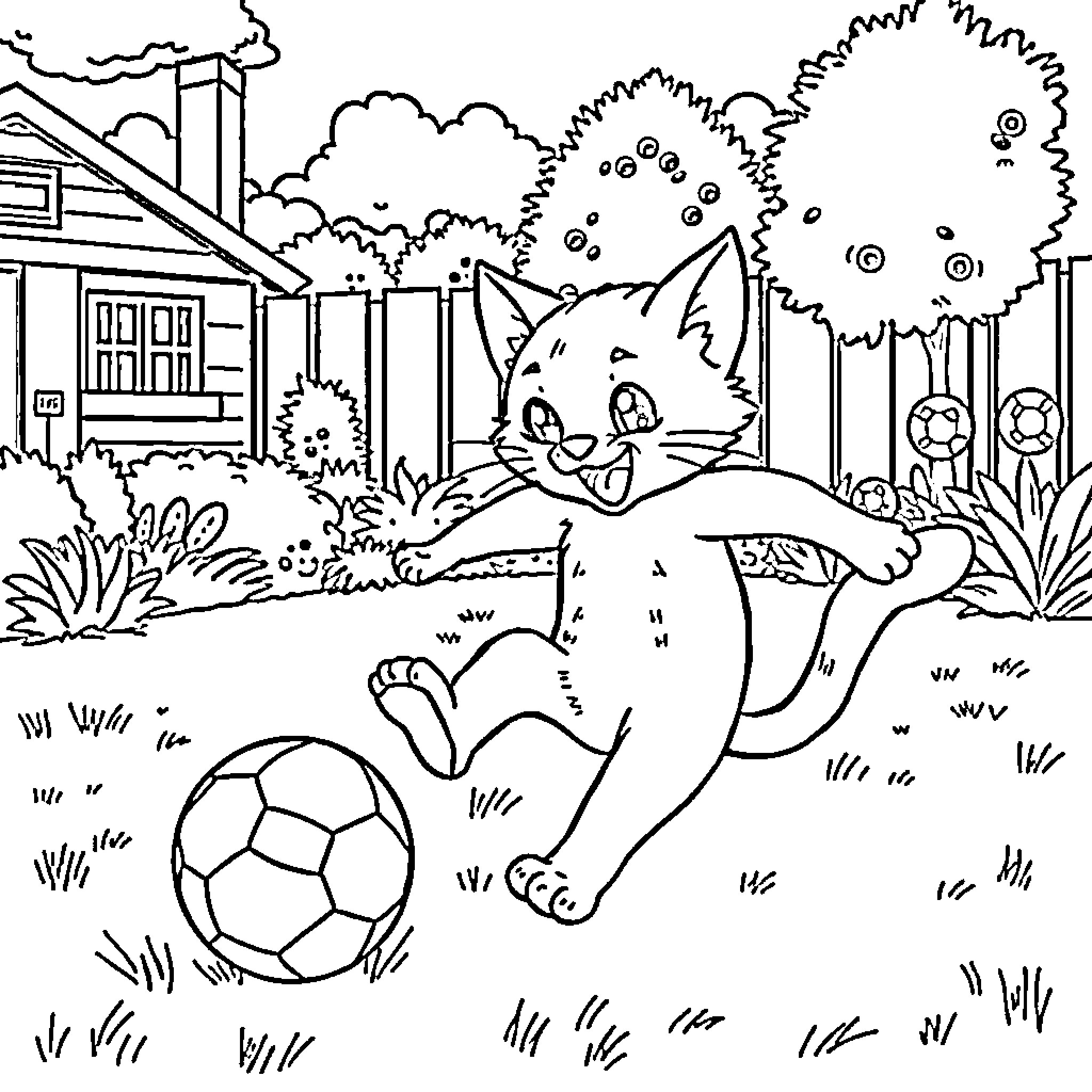 Gato playing with soccer ball in backyard Coloring Page (free black-and-white line drawing printable PDF for all, from beginners to advanced learners, including children, teens, adults, and seniors)