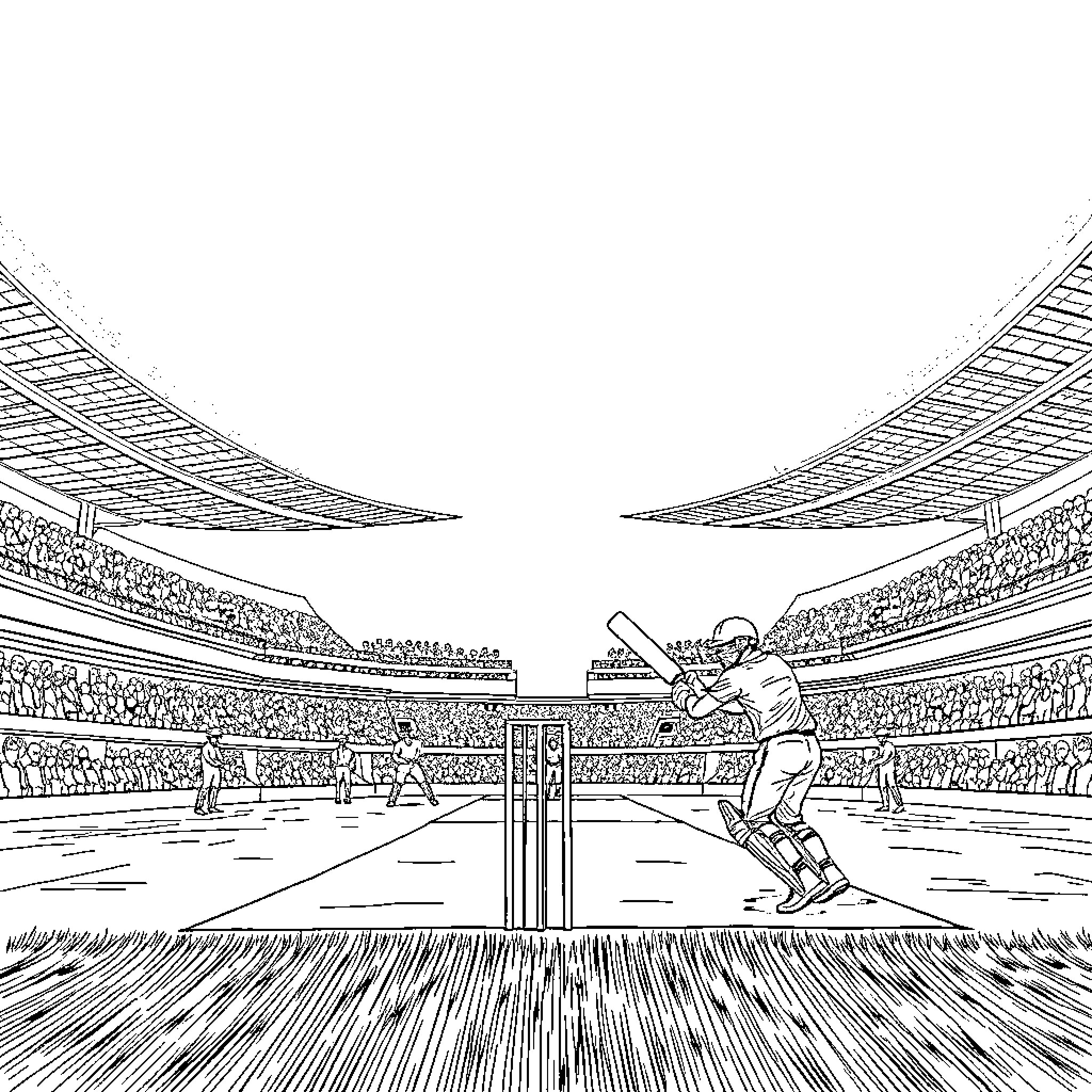 Cricket players in action at a stadium Coloring Page (free black-and-white line drawing printable PDF for all, from beginners to advanced learners, including children, teens, adults, and seniors)