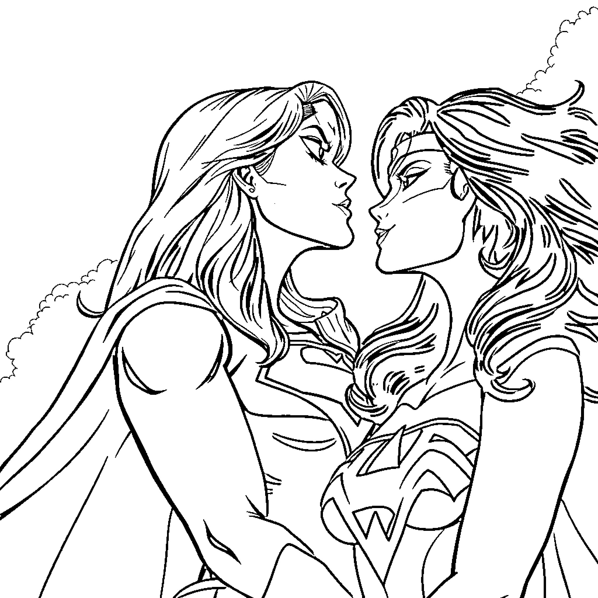 Supergirl and Wonder Woman in heroic embrace Coloring Page (free black-and-white line drawing printable PDF for all, from beginners to advanced learners, including children, teens, adults, and seniors)