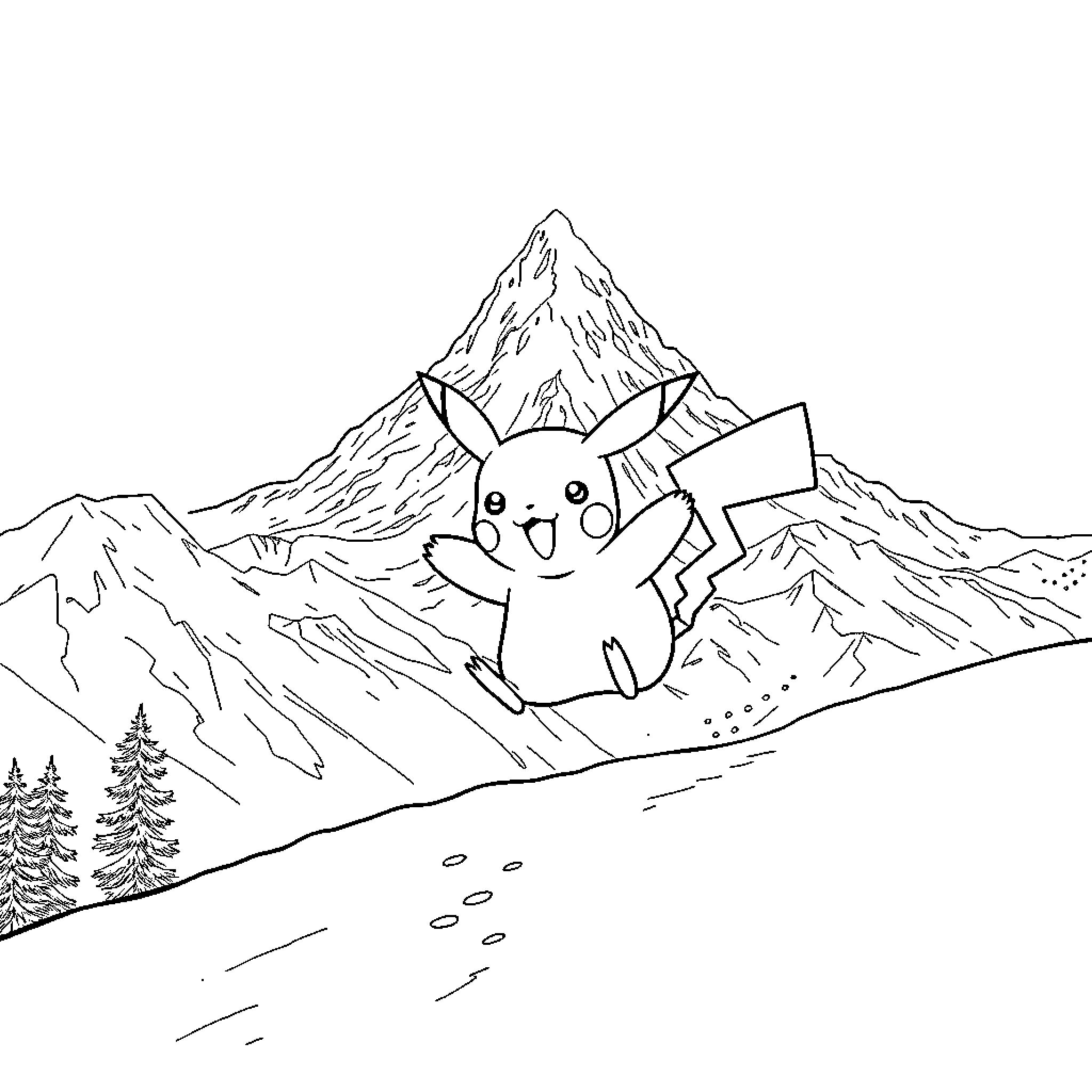 Pikachu exploring the snowy mountains Coloring Page (free black-and-white line drawing printable PDF for all, from beginners to advanced learners, including children, teens, adults, and seniors)