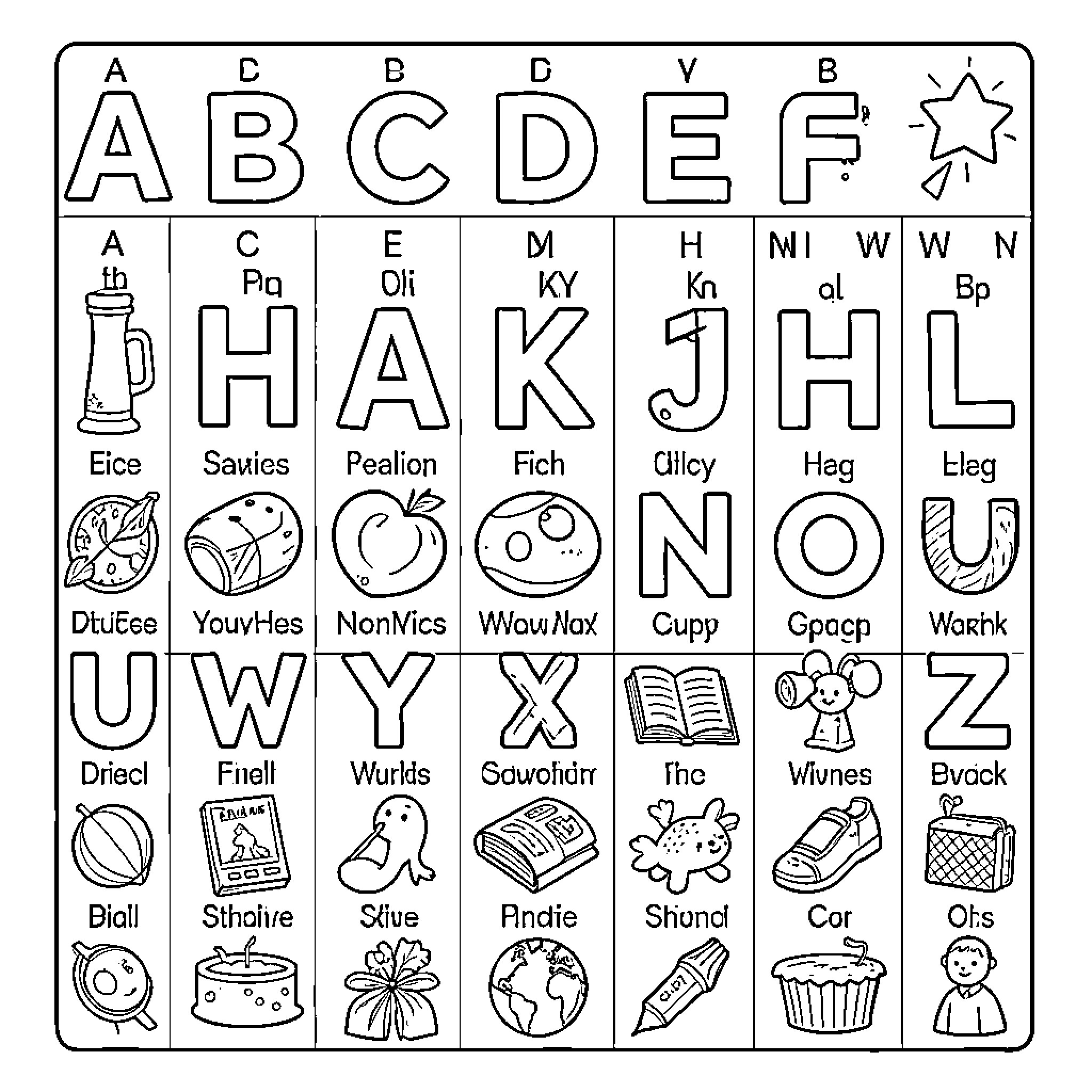 Alphabet of playful objects and symbols Coloring Page (free black-and-white line drawing printable PDF for all, from beginners to advanced learners, including children, teens, adults, and seniors)