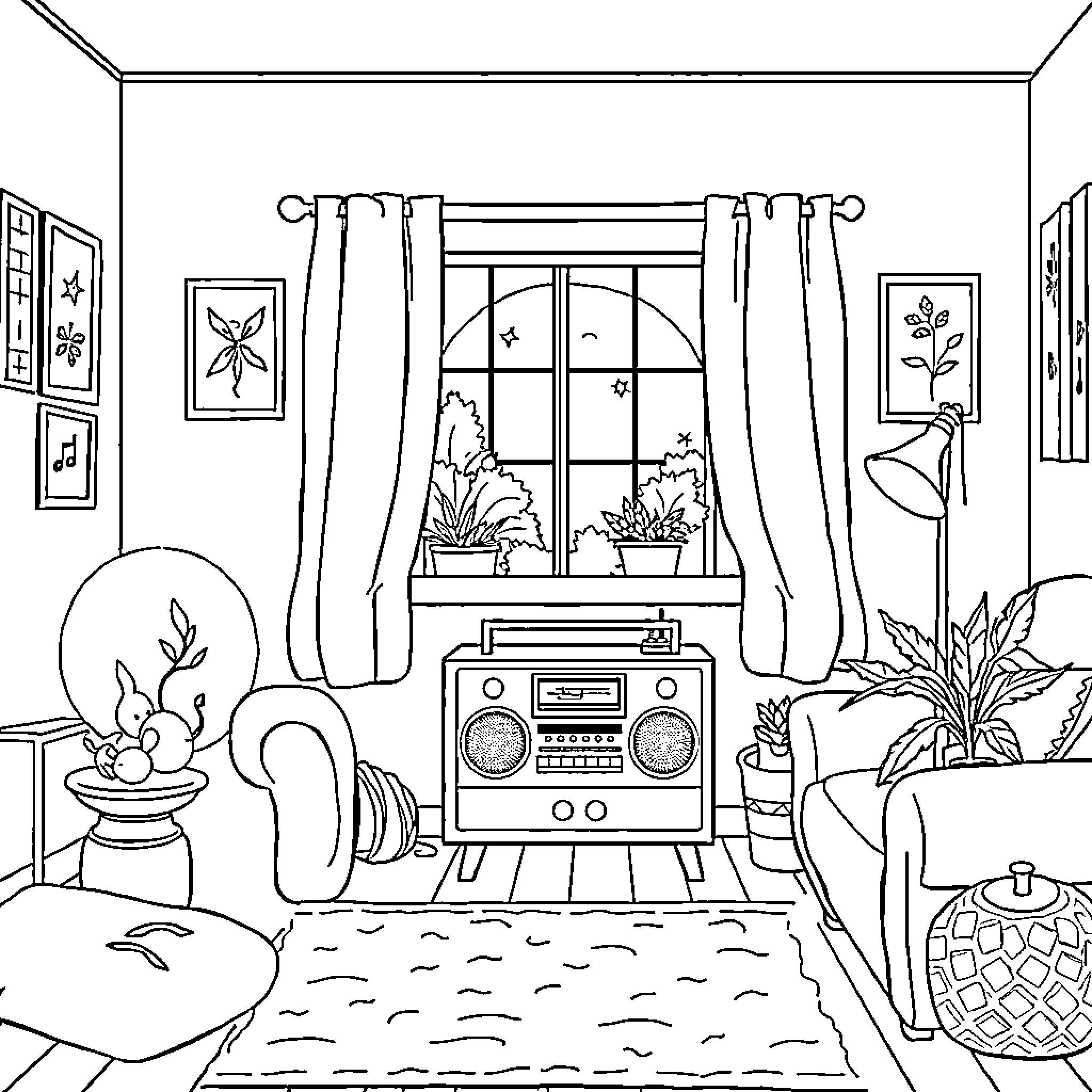 Music filling a cozy living space with plants Coloring Page (free black-and-white line drawing printable PDF for all, from beginners to advanced learners, including children, teens, adults, and seniors)
