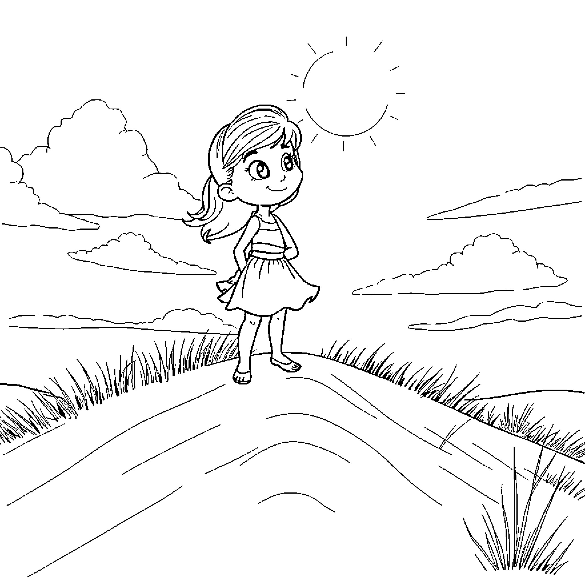 Olivia's Peaceful Stroll in Nature Coloring Page (free black-and-white line drawing printable PDF for all, from beginners to advanced learners, including children, teens, adults, and seniors)
