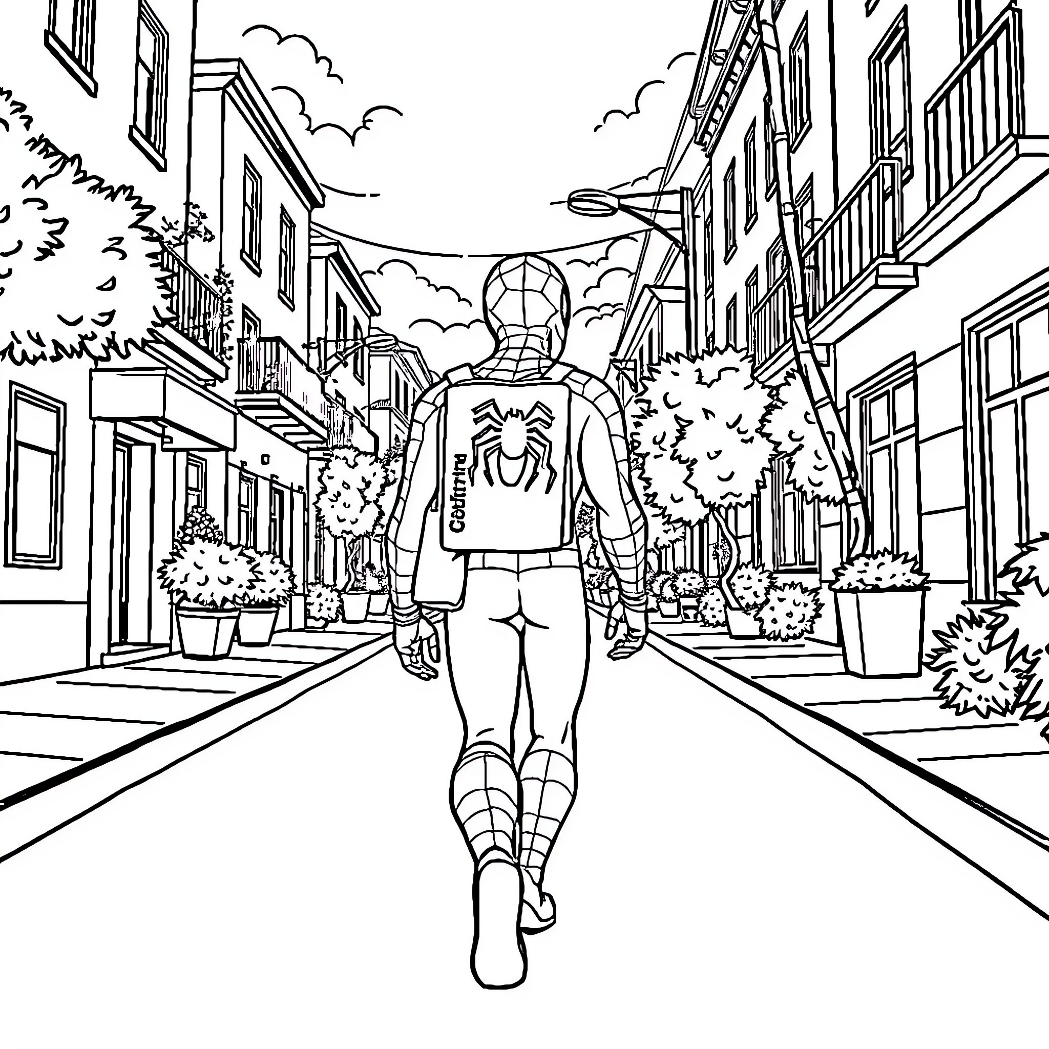 Spiderman walking down a city street Coloring Page (free black-and-white line drawing printable PDF for all, from beginners to advanced learners, including children, teens, adults, and seniors)
