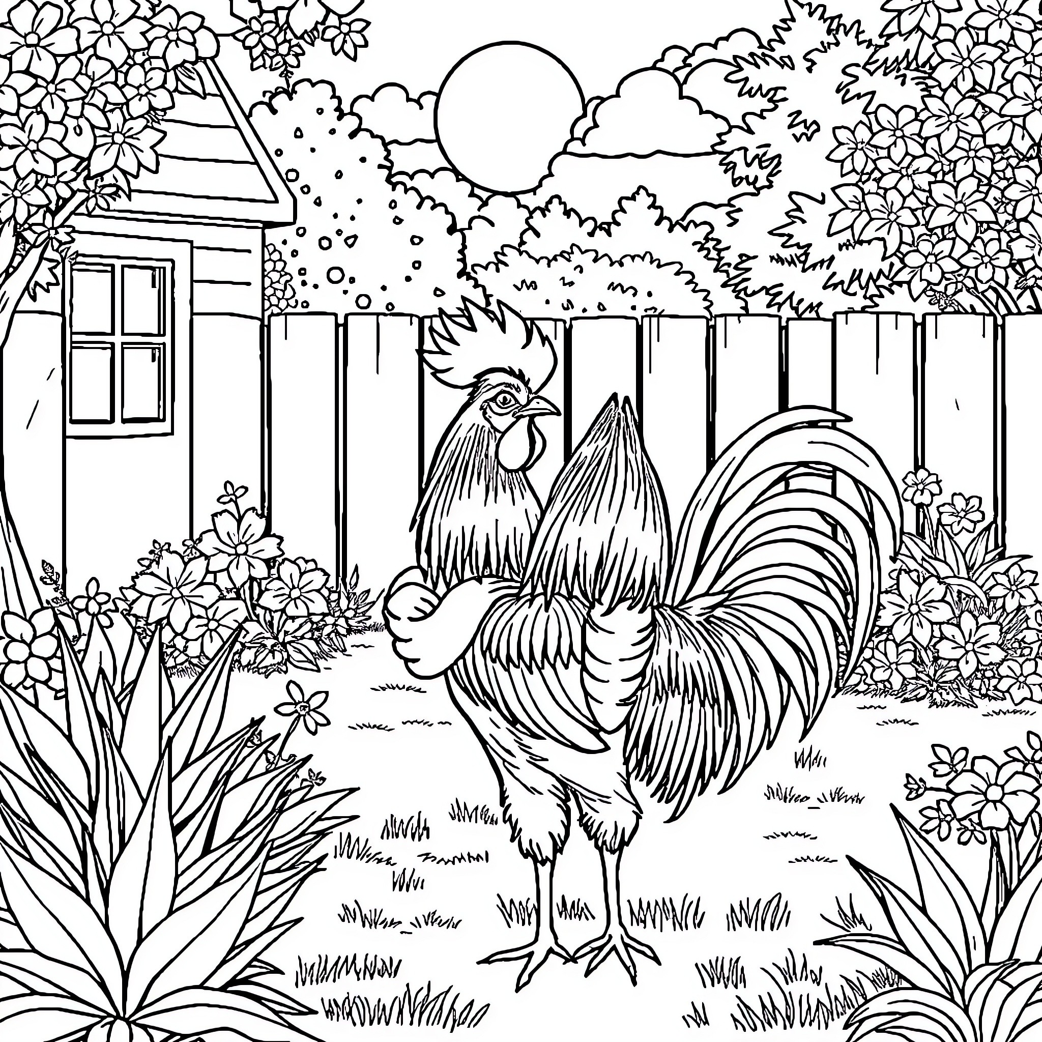 Girl explores a cozy garden with a friendly rooster Coloring Page (free black-and-white line drawing printable PDF for all, from beginners to advanced learners, including children, teens, adults, and seniors)