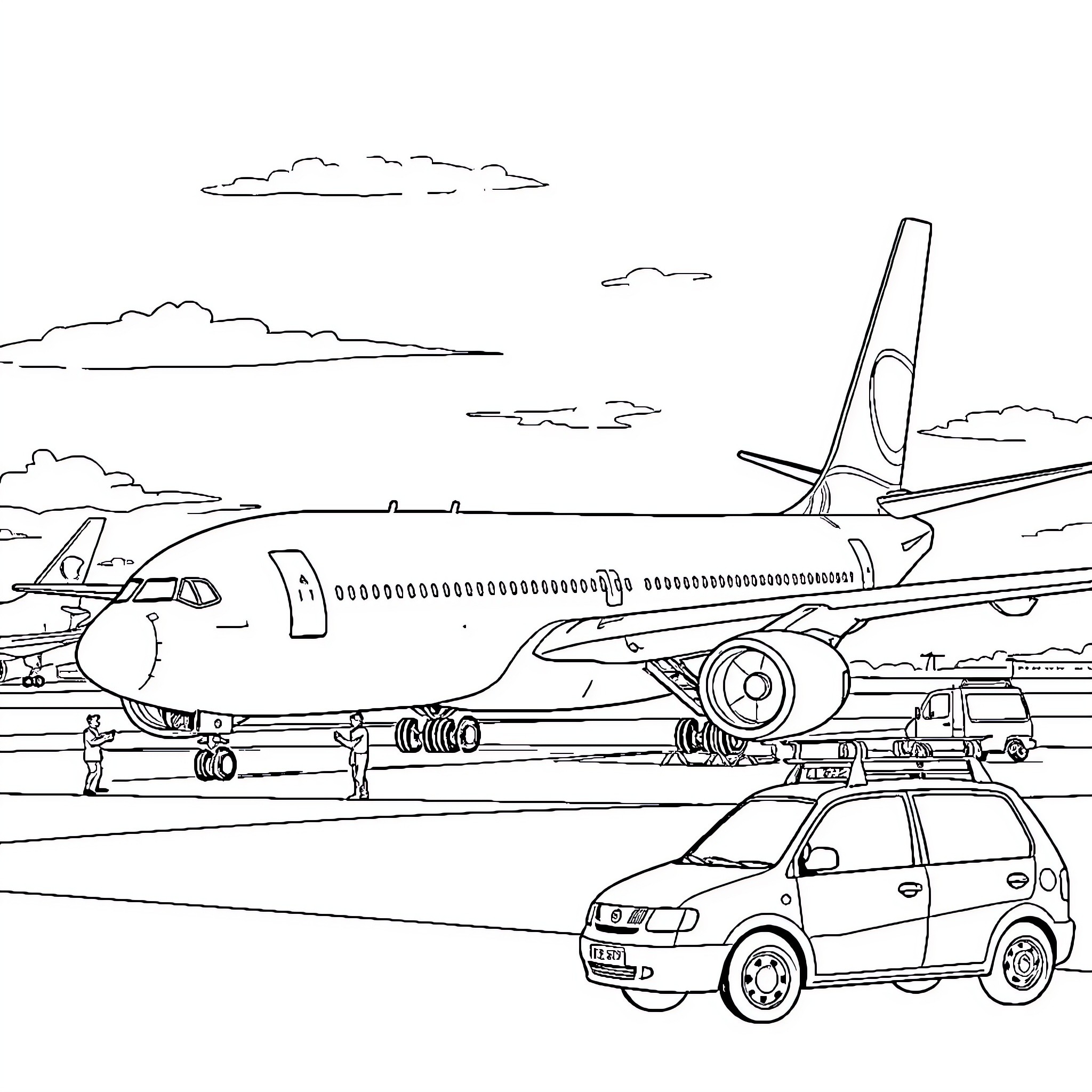 Plane taxiing on runway with small car nearby Coloring Page (free black-and-white line drawing printable PDF for all, from beginners to advanced learners, including children, teens, adults, and seniors)