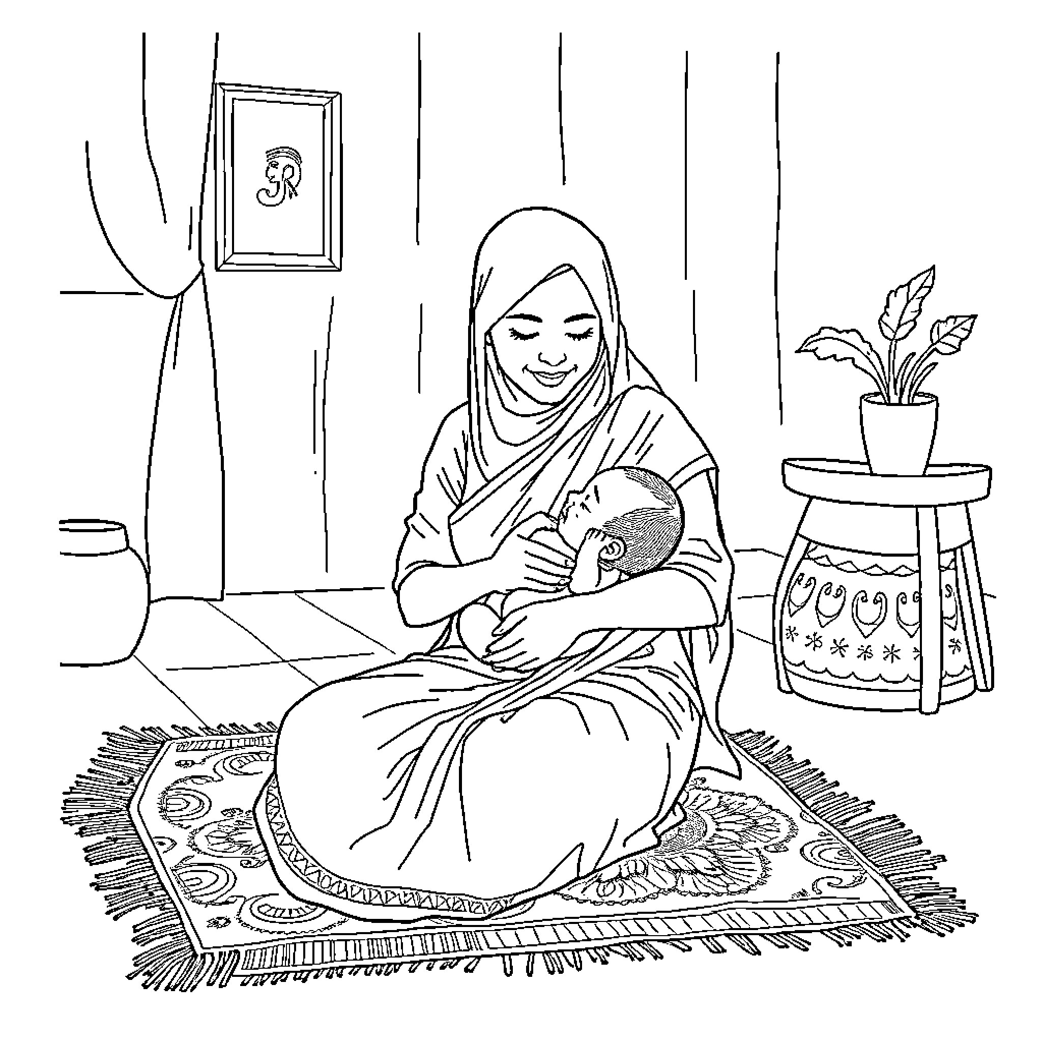 Indonesian Woman Caring for Her Baby at Home Coloring Page (free black-and-white line drawing printable PDF for all, from beginners to advanced learners, including children, teens, adults, and seniors)