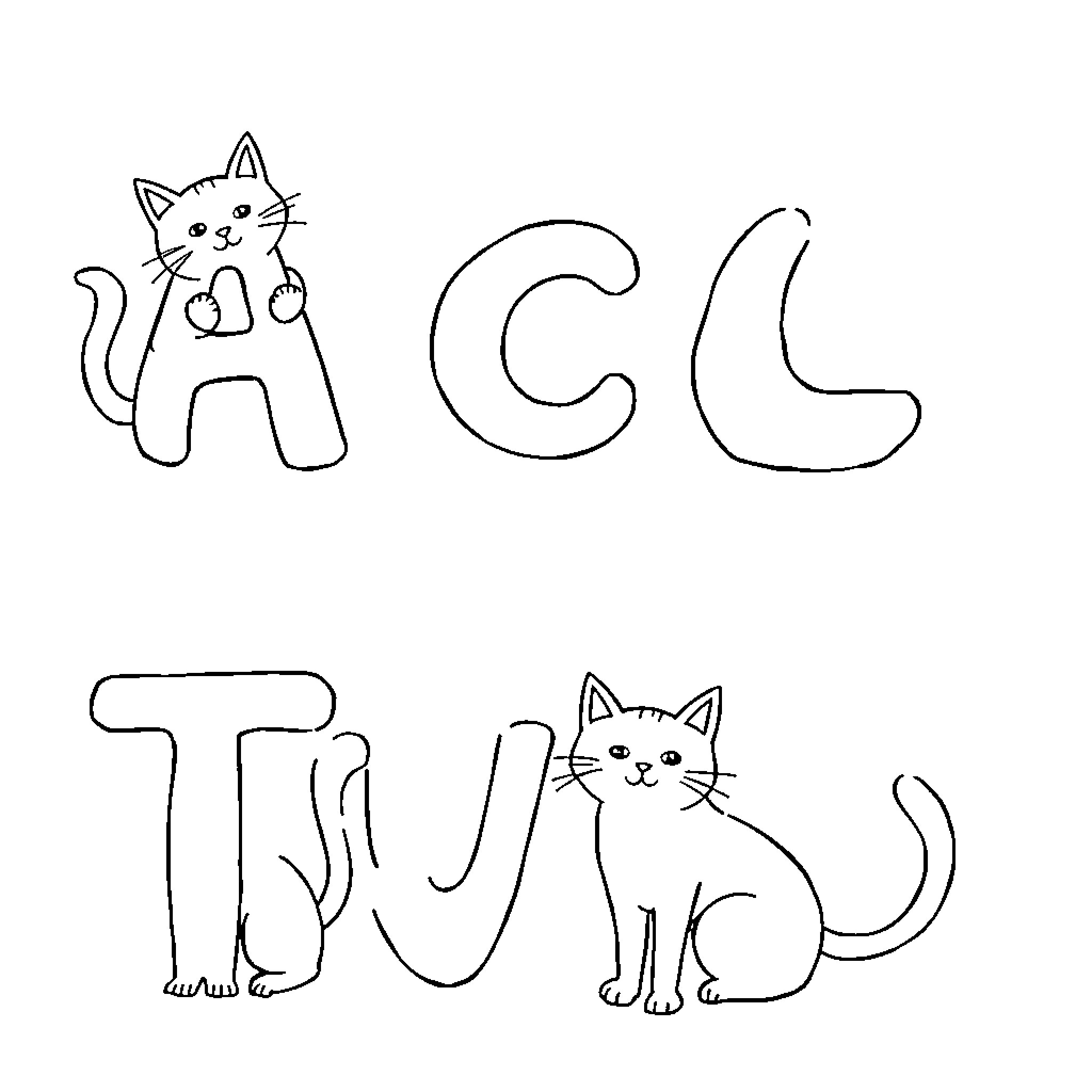 Cat Alphabet Drawing Fun Coloring Page (free black-and-white line drawing printable PDF for all, from beginners to advanced learners, including children, teens, adults, and seniors)