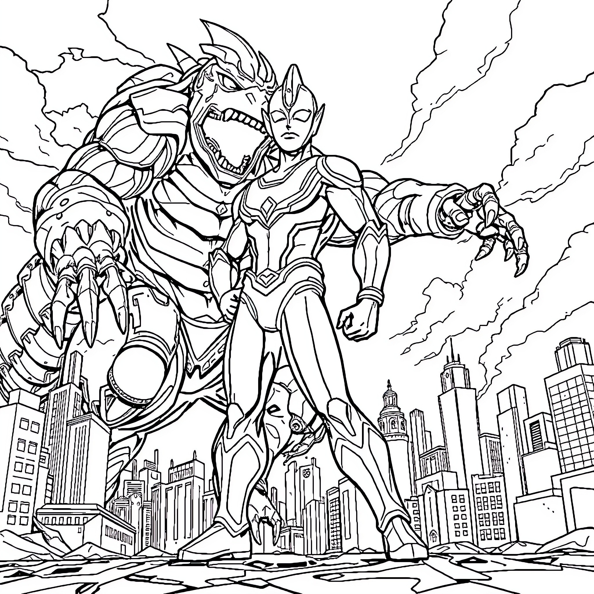 Ultraman battles a monstrous foe in the city Coloring Page (free black-and-white line drawing printable PDF for all, from beginners to advanced learners, including children, teens, adults, and seniors)