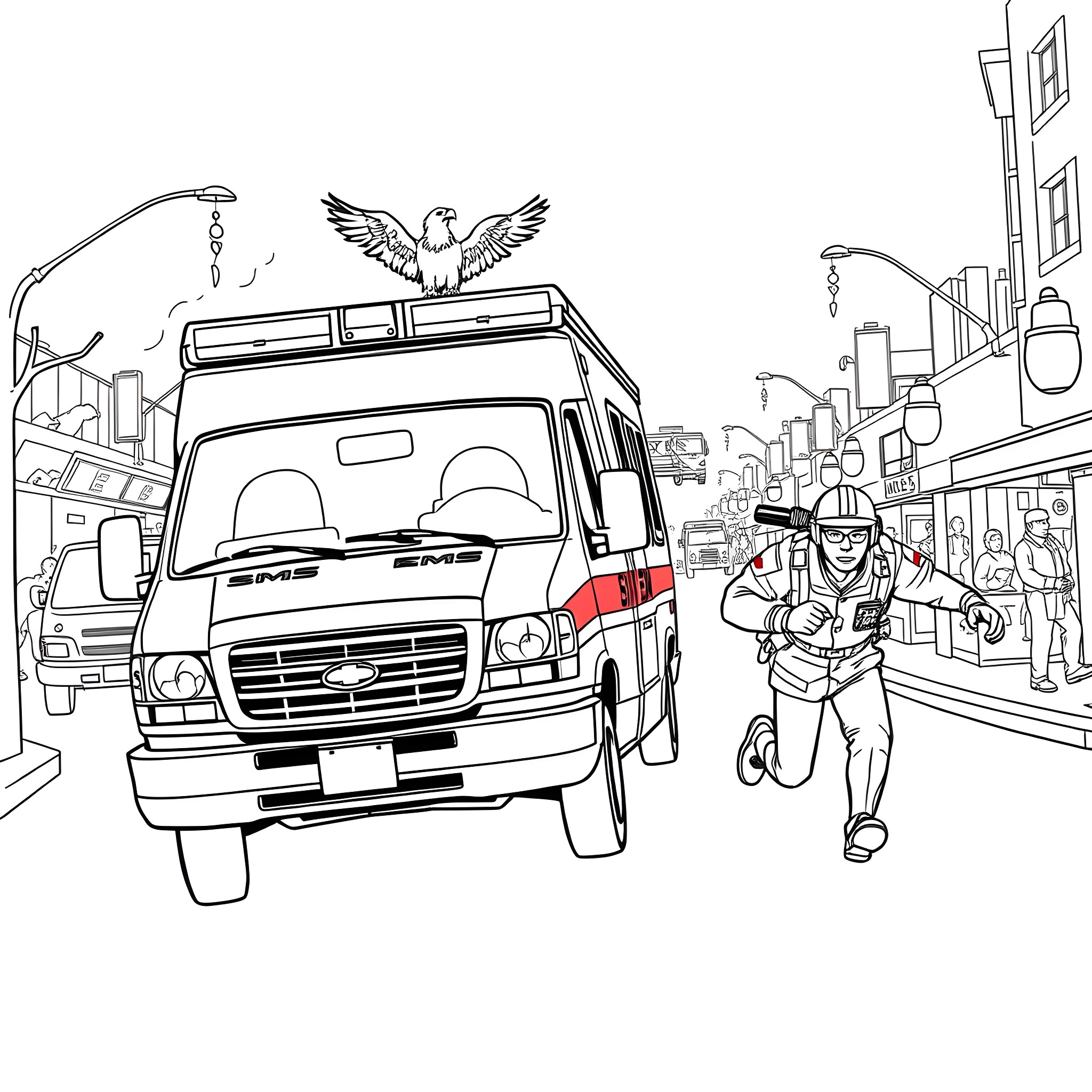 Ambulance responding to emergency in busy city street Coloring Page (free black-and-white line drawing printable PDF for all, from beginners to advanced learners, including children, teens, adults, and seniors)