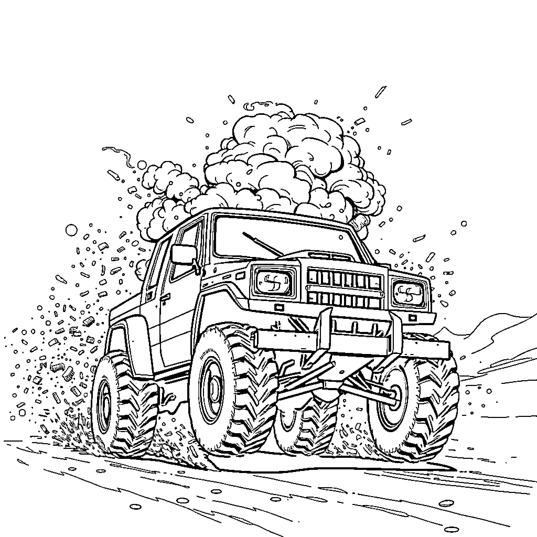 Dirt-spraying Monster Truck Adventure Coloring Page (free black-and-white line drawing printable PDF for all, from beginners to advanced learners, including children, teens, adults, and seniors)