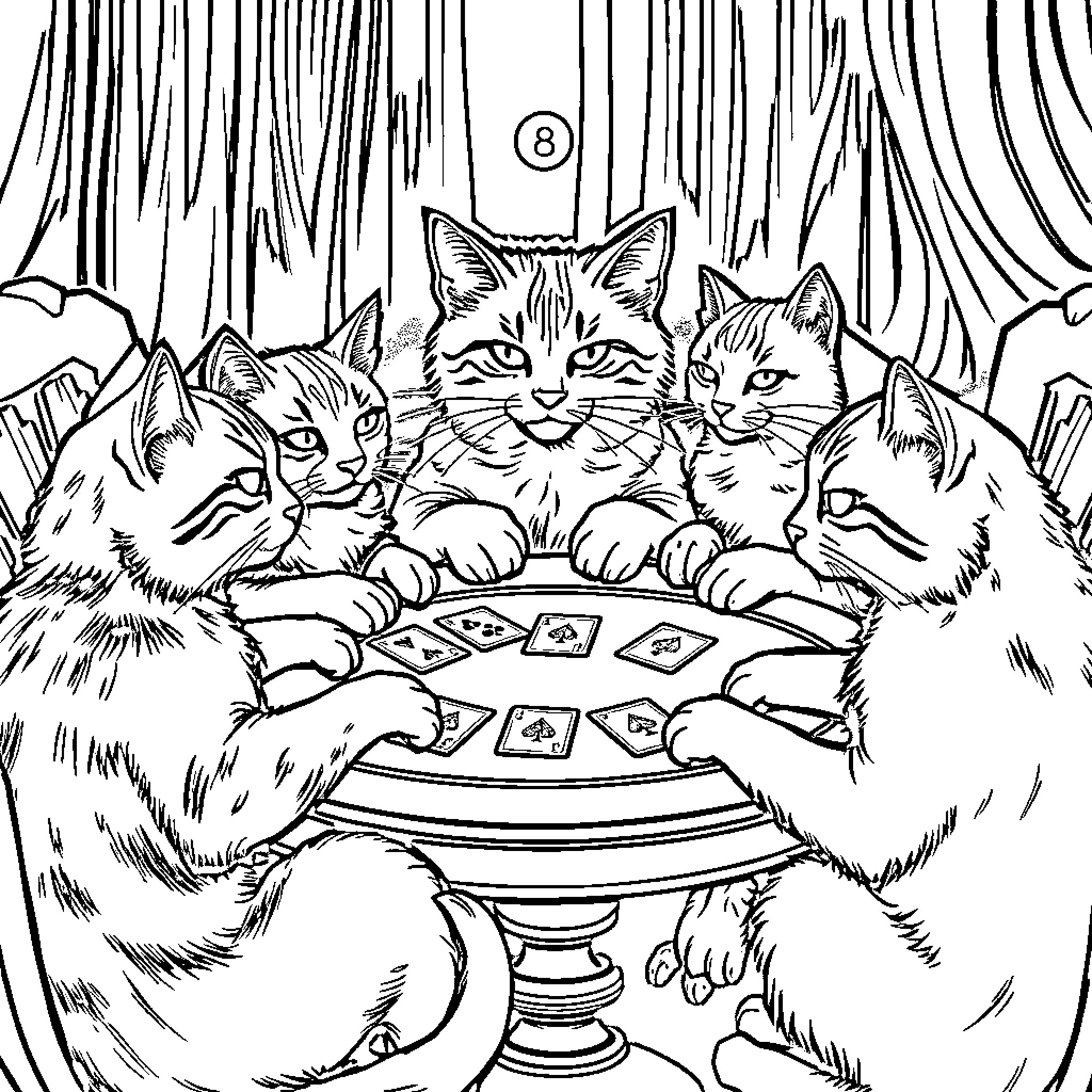 Cats Playing Cards in the Woods Coloring Page (free black-and-white line drawing printable PDF for all, from beginners to advanced learners, including children, teens, adults, and seniors)
