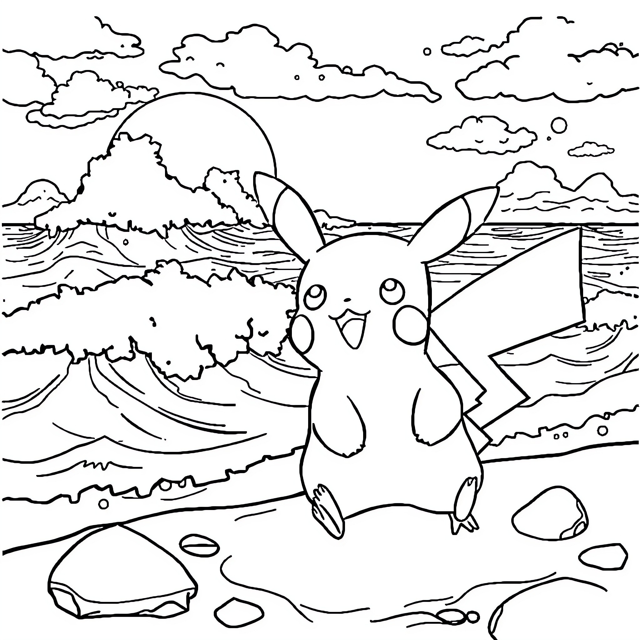 Pikachu exploring a scenic landscape Coloring Page (free black-and-white line drawing printable PDF for all, from beginners to advanced learners, including children, teens, adults, and seniors)
