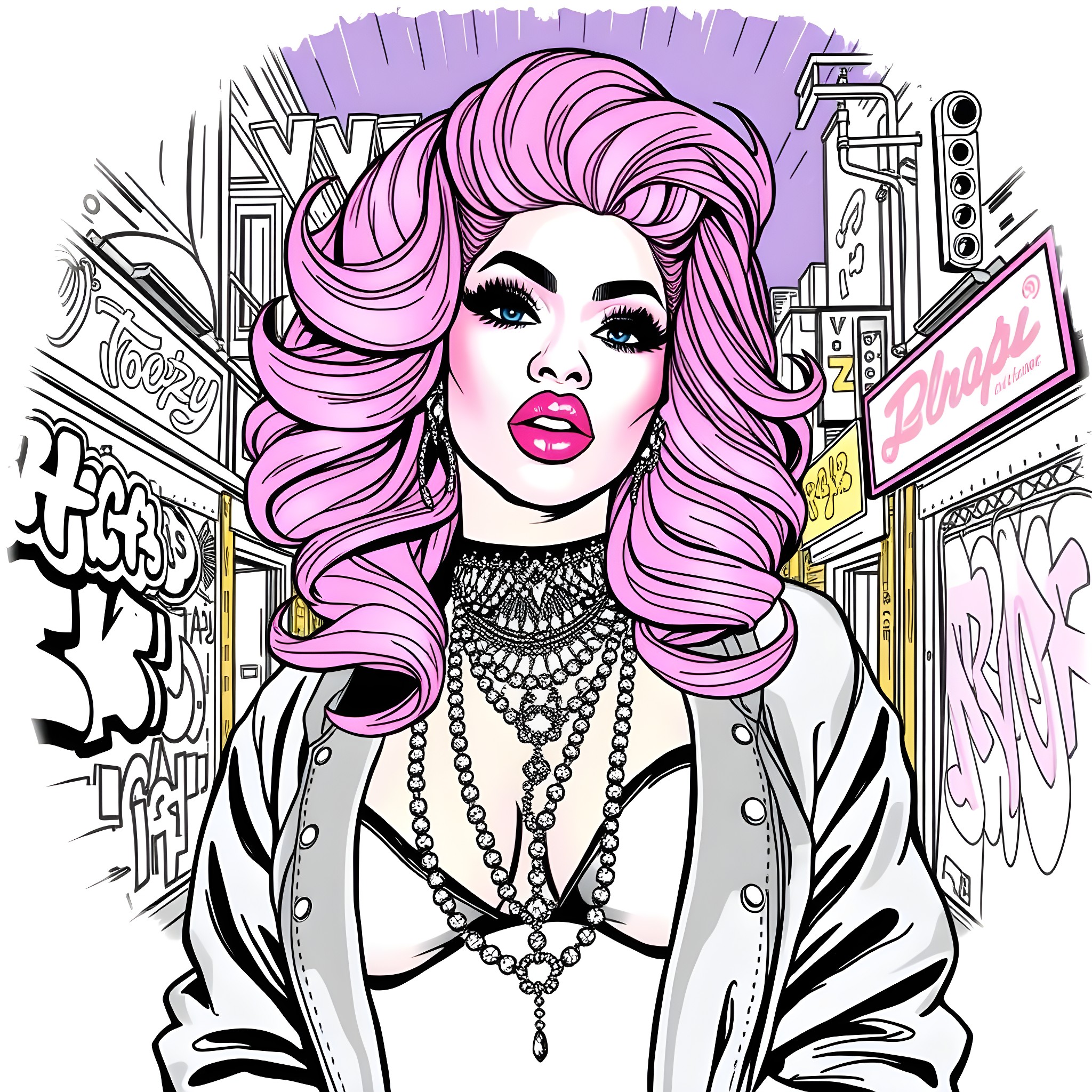Nicki Minaj's Vibrant Persona in Urban Cityscape Coloring Page (free black-and-white line drawing printable PDF for all, from beginners to advanced learners, including children, teens, adults, and seniors)
