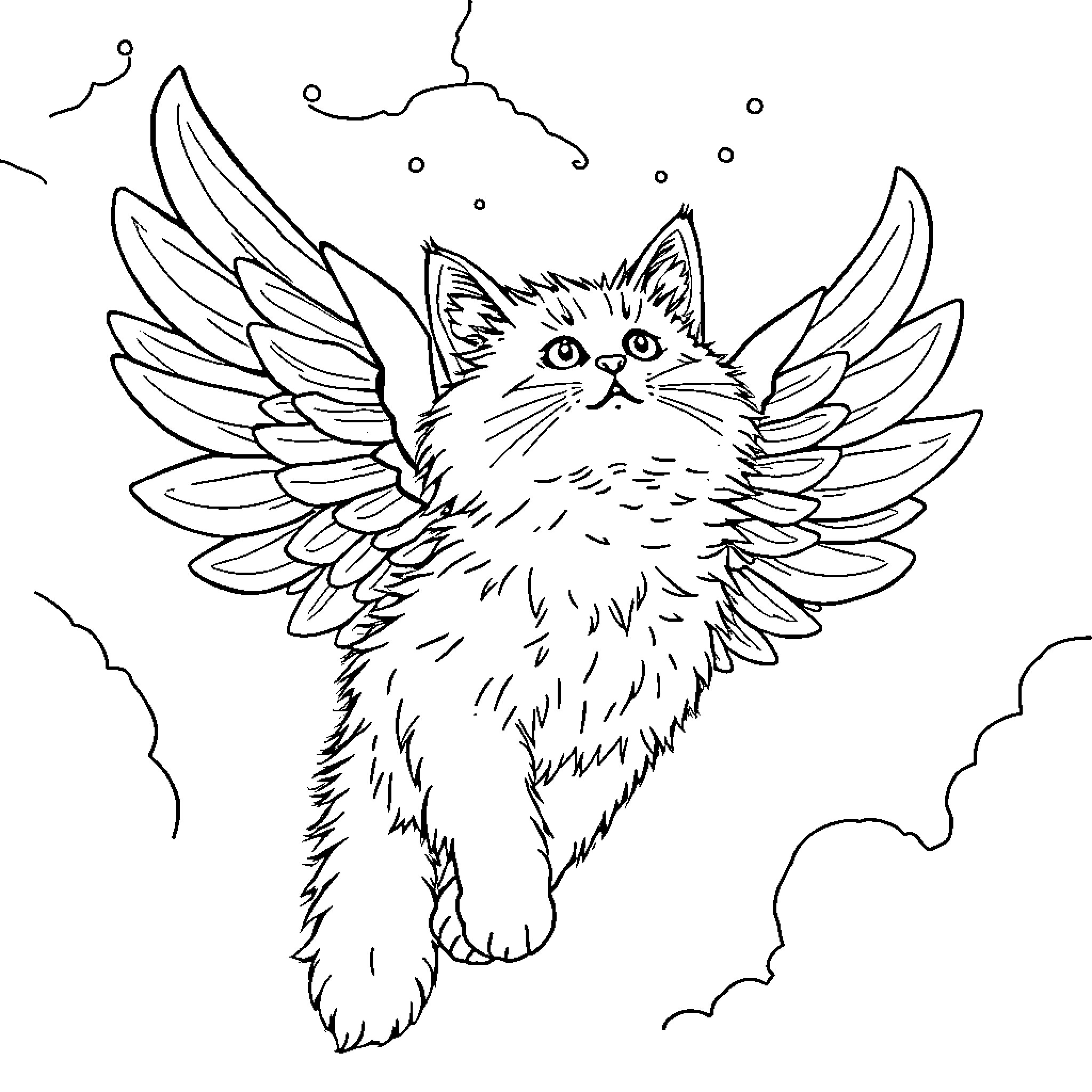 Cat with Angelic Wings in the Sky Coloring Page (free black-and-white line drawing printable PDF for all, from beginners to advanced learners, including children, teens, adults, and seniors)