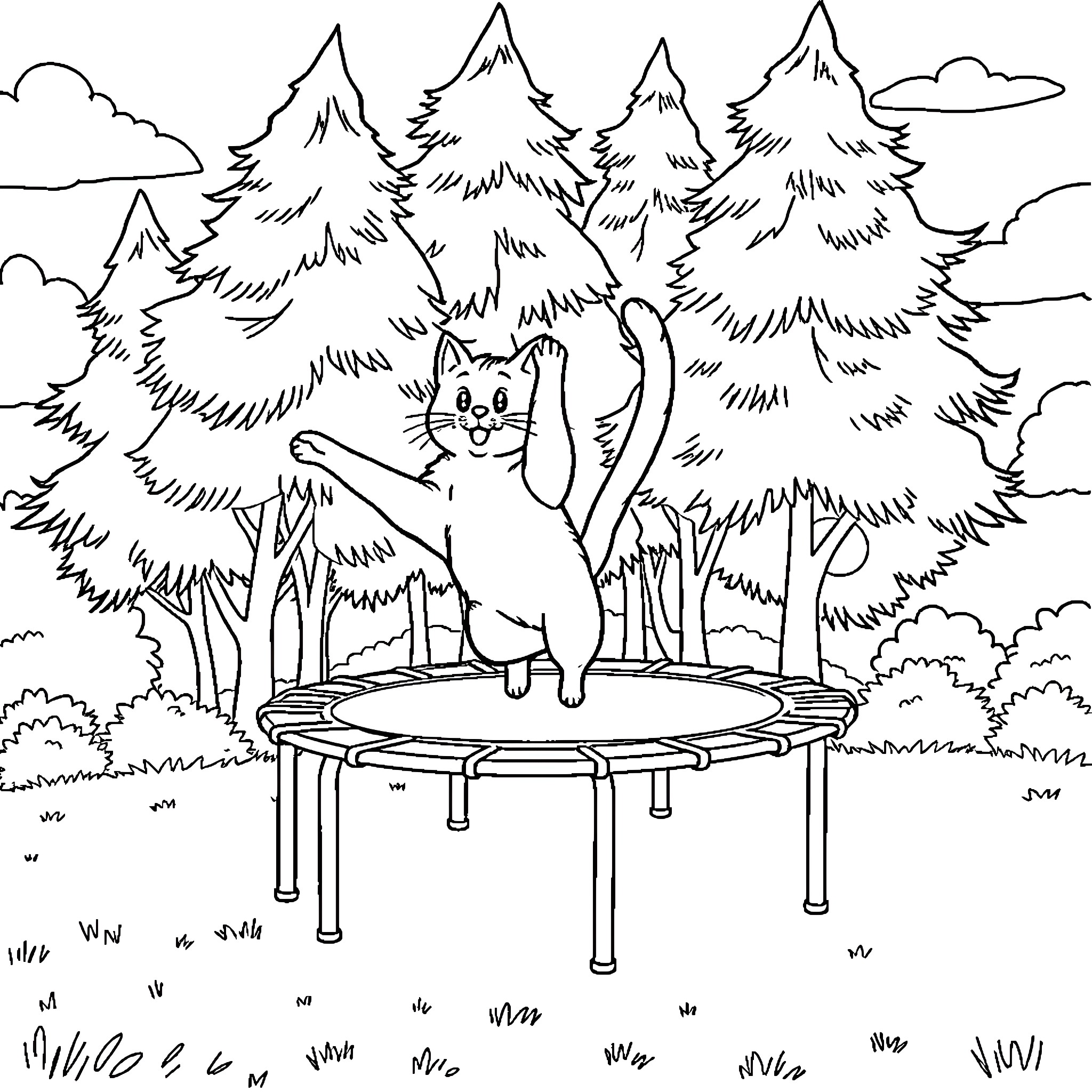 Cat Jumping Playfully on Trampoline in Forest Coloring Page (free black-and-white line drawing printable PDF for all, from beginners to advanced learners, including children, teens, adults, and seniors)