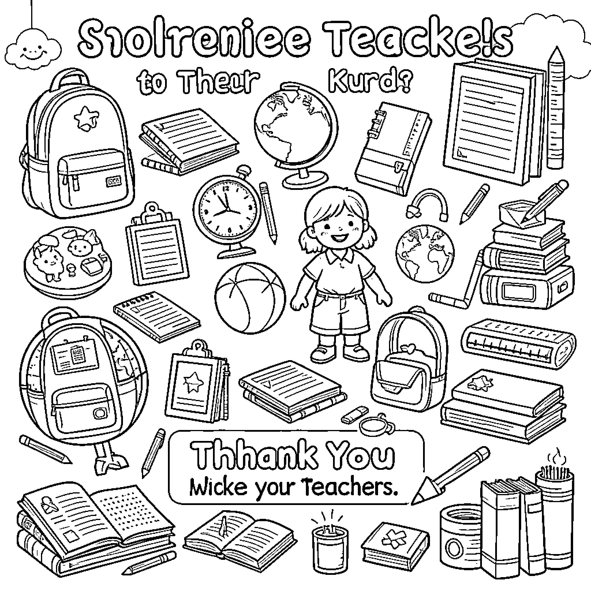 School supplies and a smiling student celebrating teachers Coloring Page (free black-and-white line drawing printable PDF for all, from beginners to advanced learners, including children, teens, adults, and seniors)