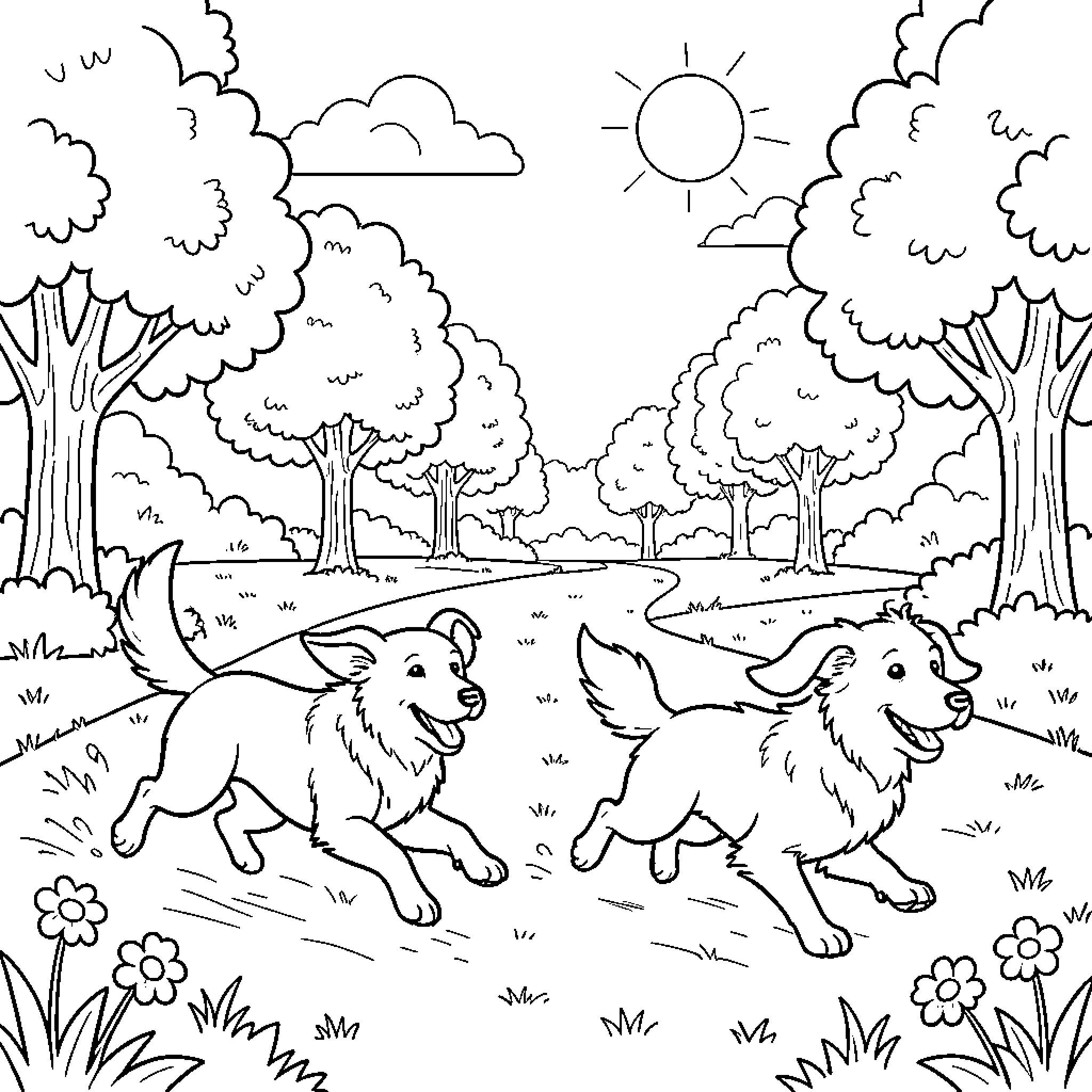 Dog running playfully in the park Coloring Page (free black-and-white line drawing printable PDF for all, from beginners to advanced learners, including children, teens, adults, and seniors)